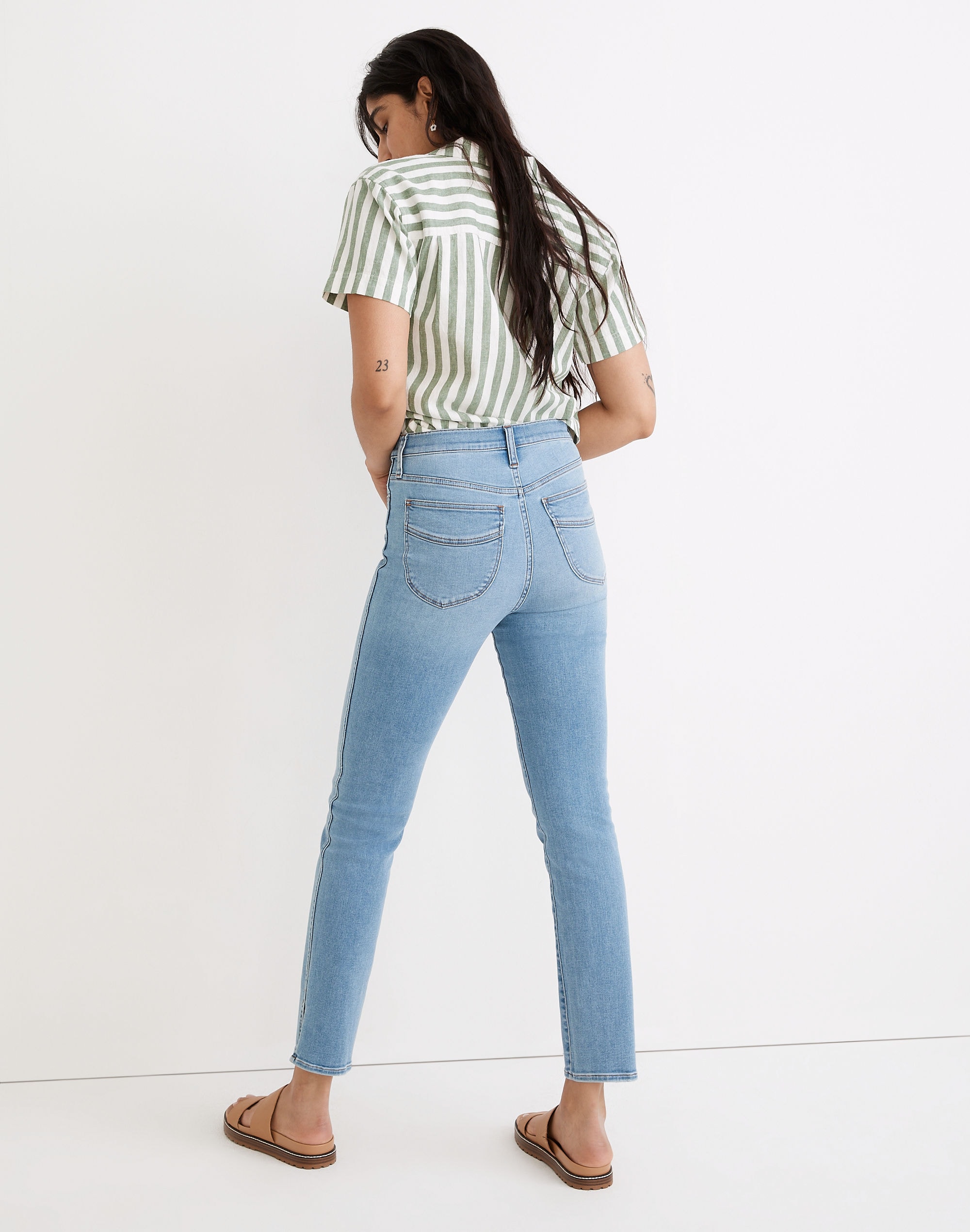 High-Rise Slim Straight Jeans in Stillwood Wash: Slit-Hem Edition