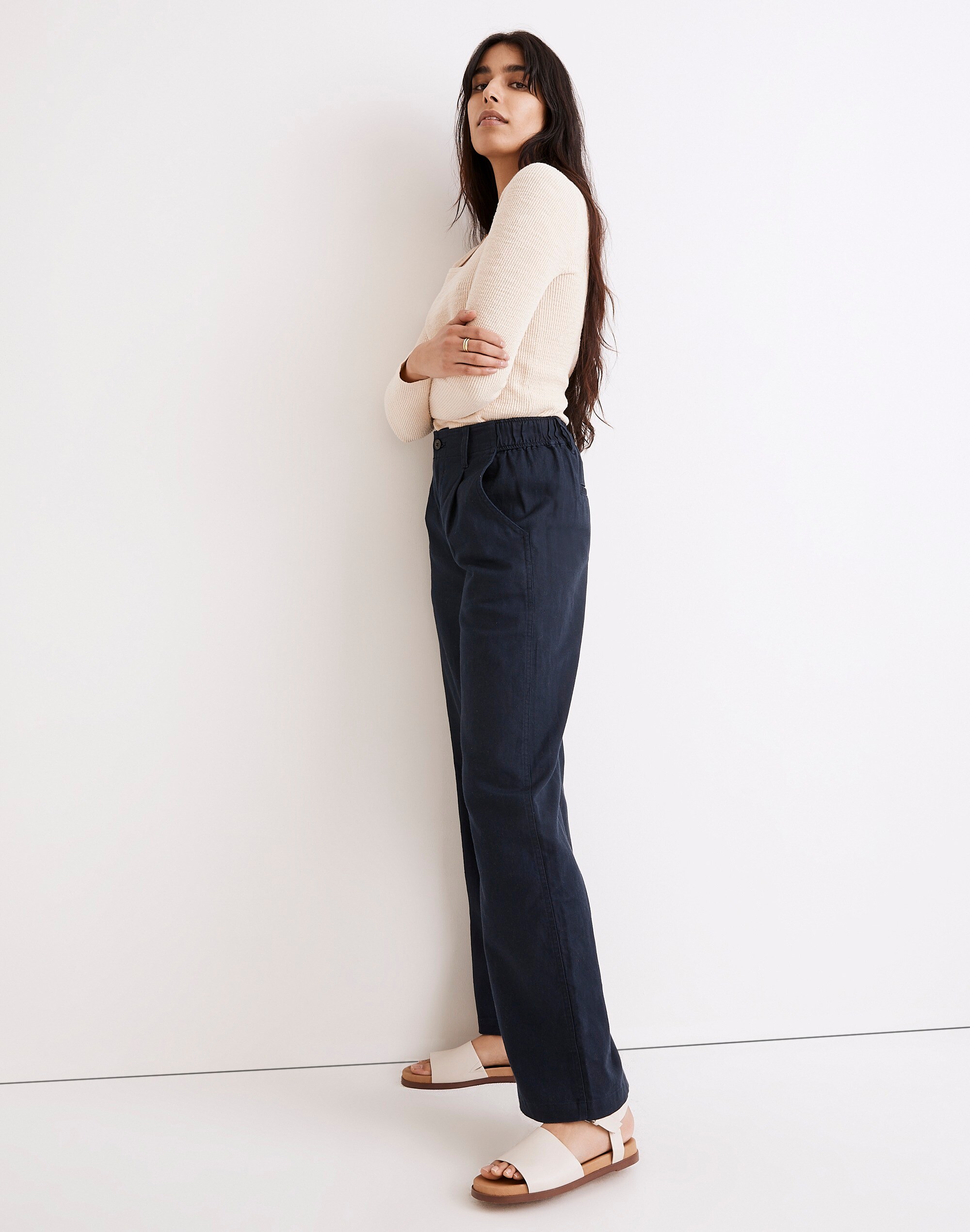 Petite Cotton-Linen Pleated Wide-Leg Pants