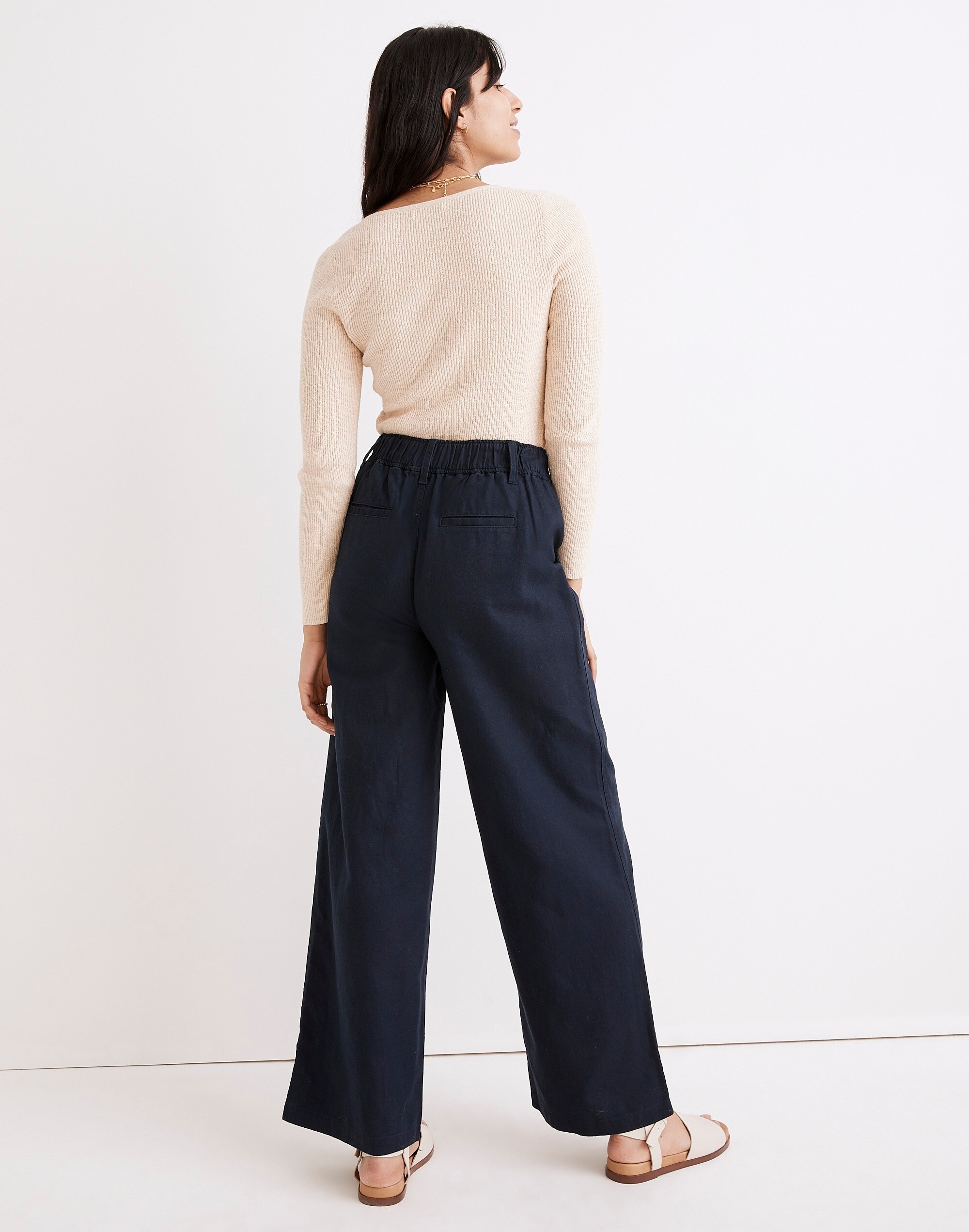 Petite Cotton-Linen Pleated Wide-Leg Pants