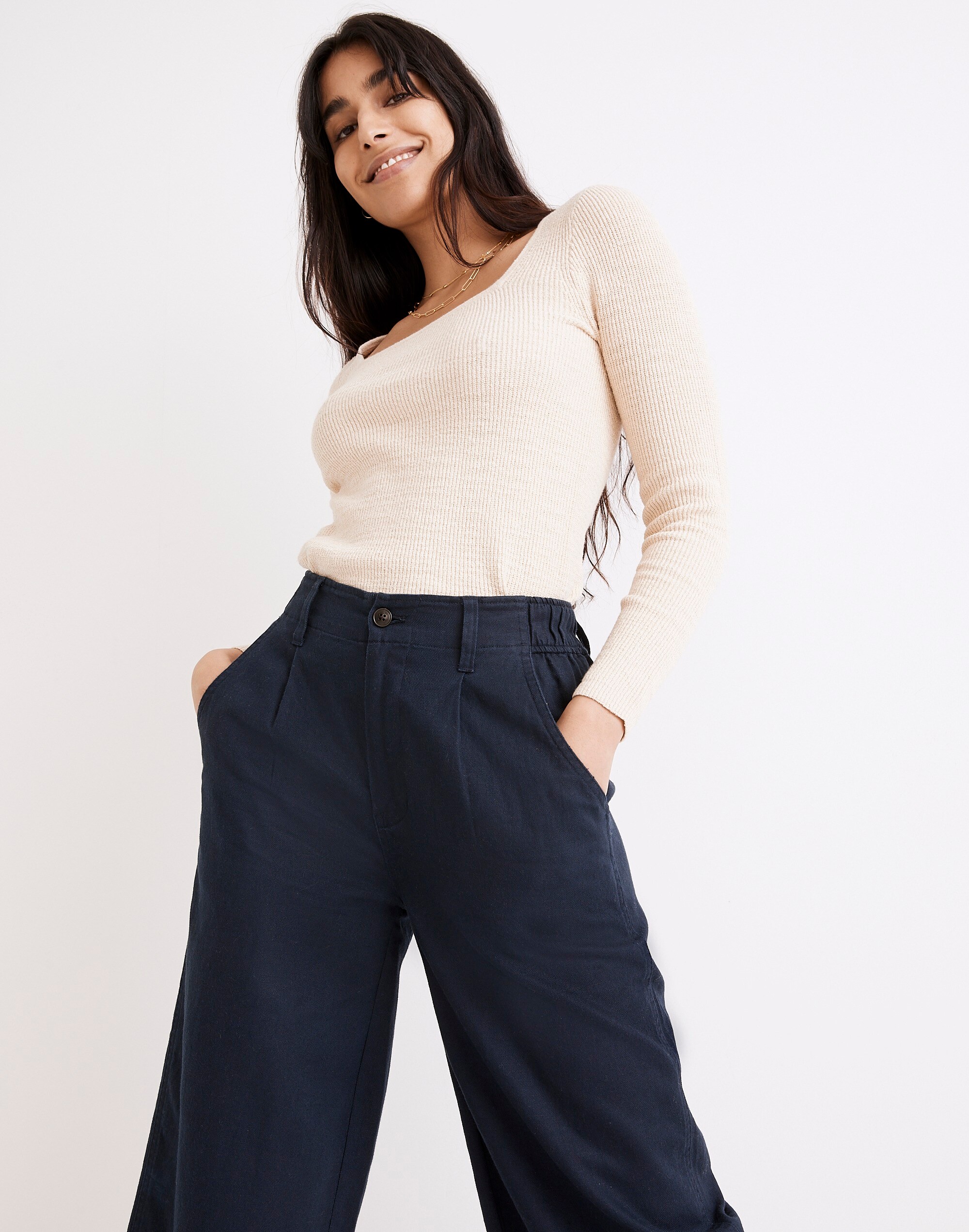 Petite Cotton-Linen Pleated Wide-Leg Pants