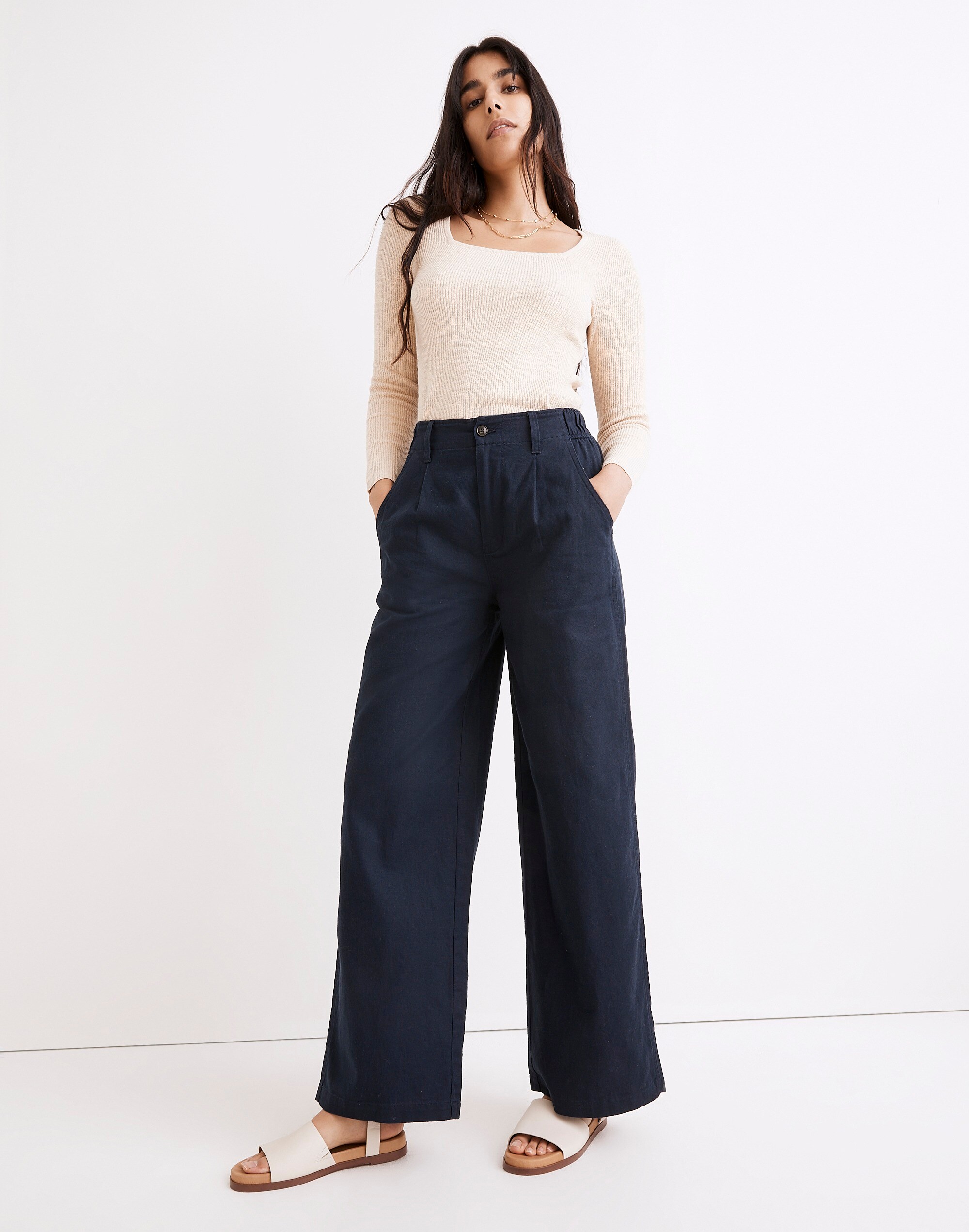 Petite Cotton-Linen Pleated Wide-Leg Pants
