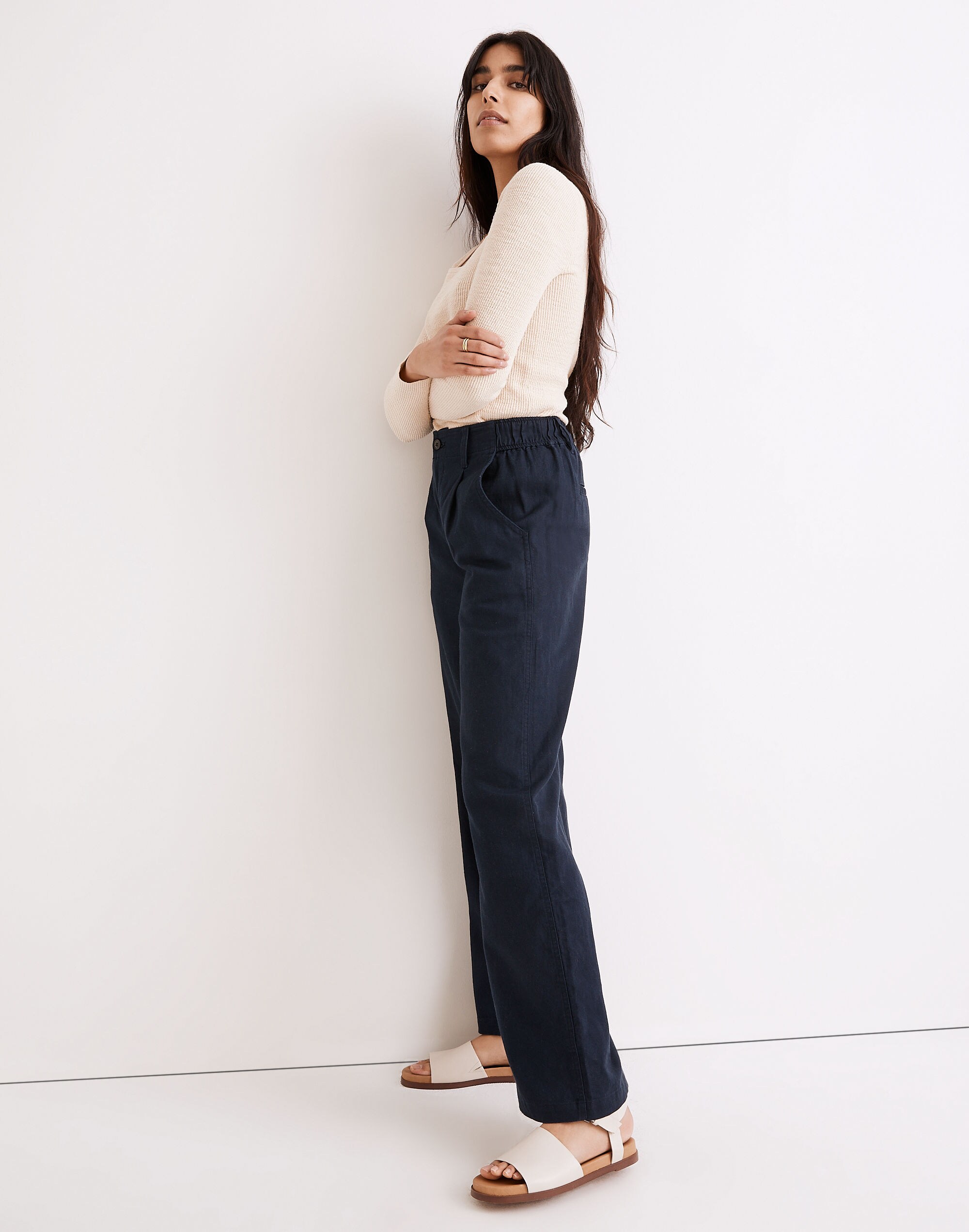 Cotton-Linen Pleated Wide-Leg Pants