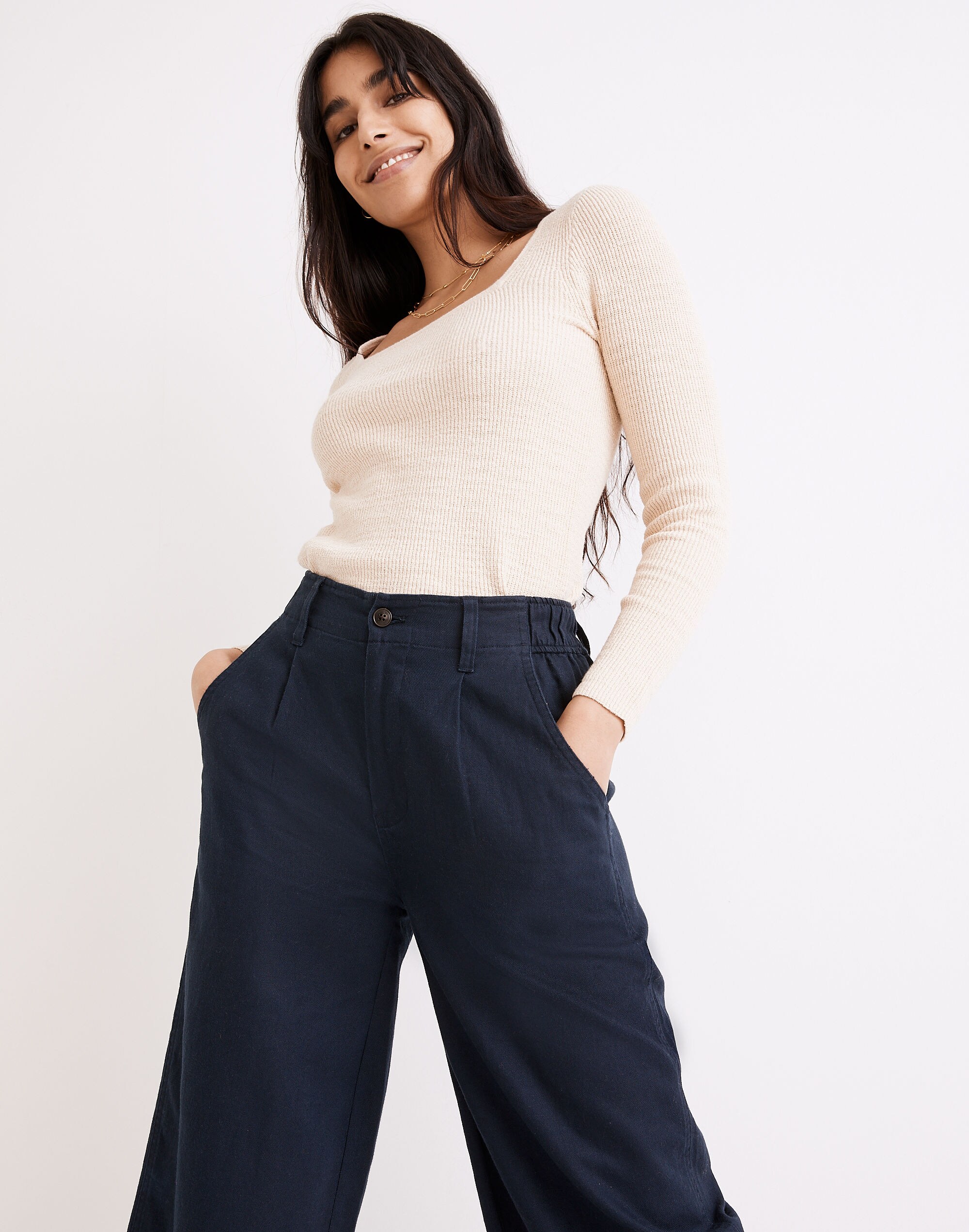 Cotton-Linen Pleated Wide-Leg Pants