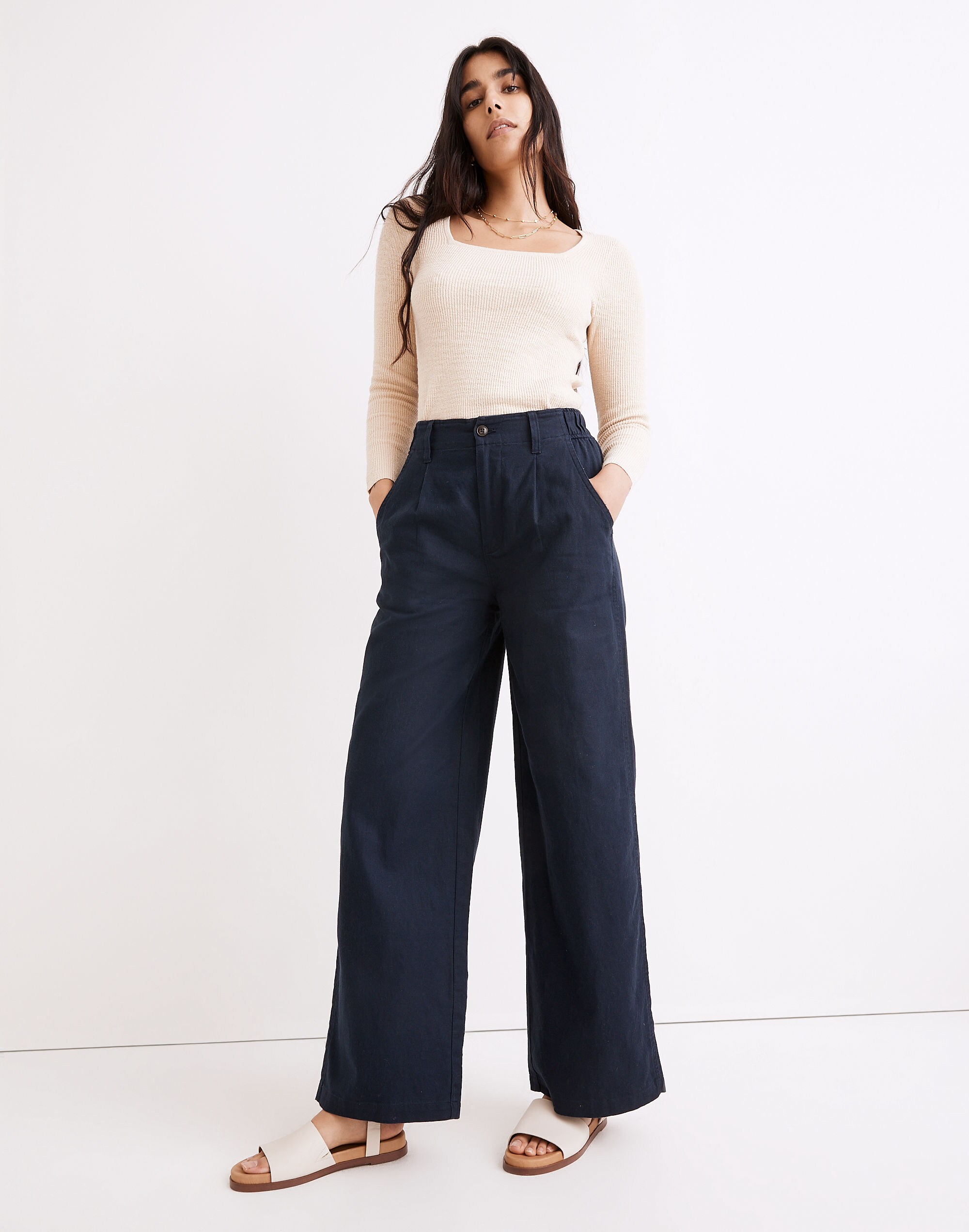 Cotton-Linen Pleated Wide-Leg Pants