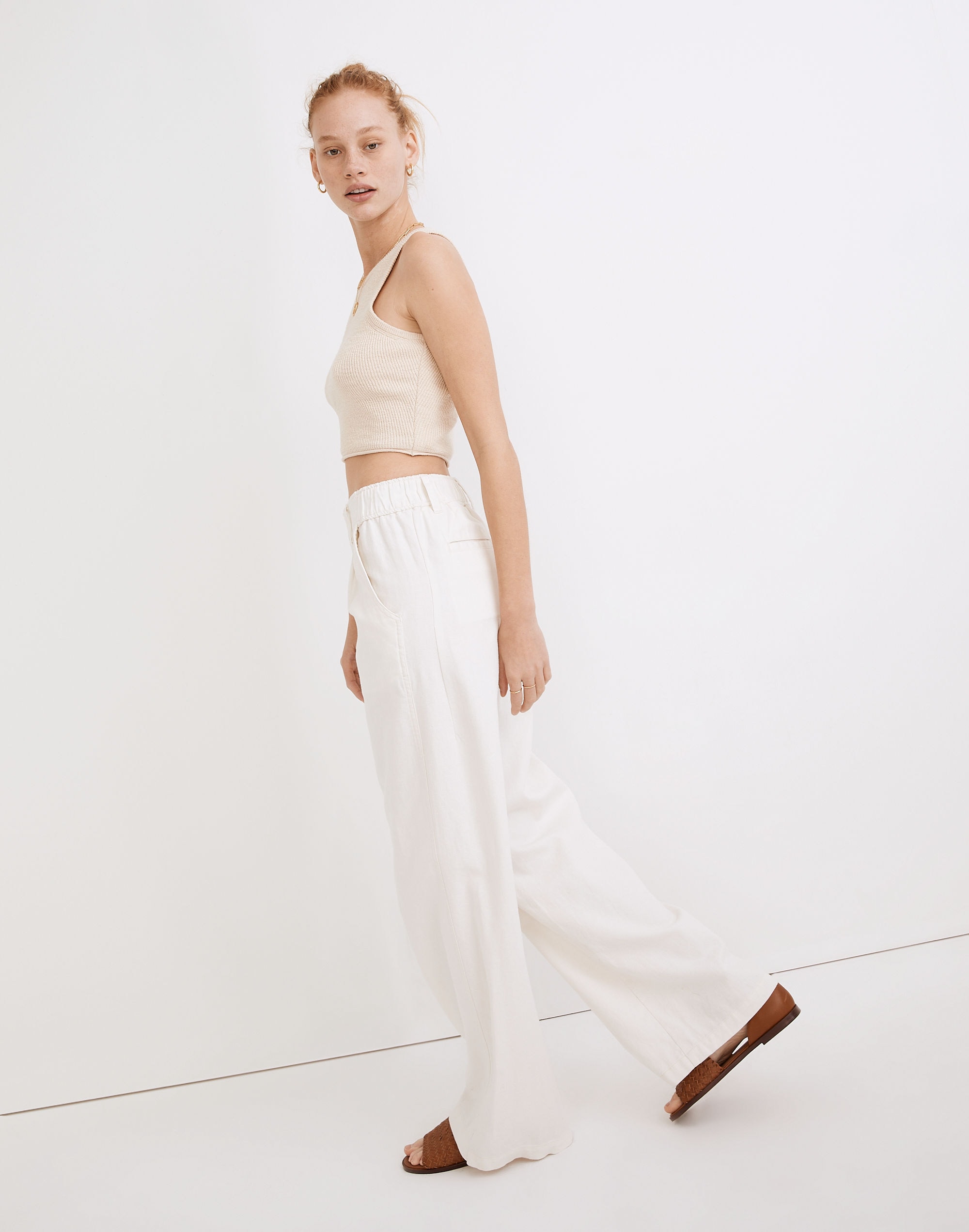 Petite Cotton-Linen Pleated Wide-Leg Pants