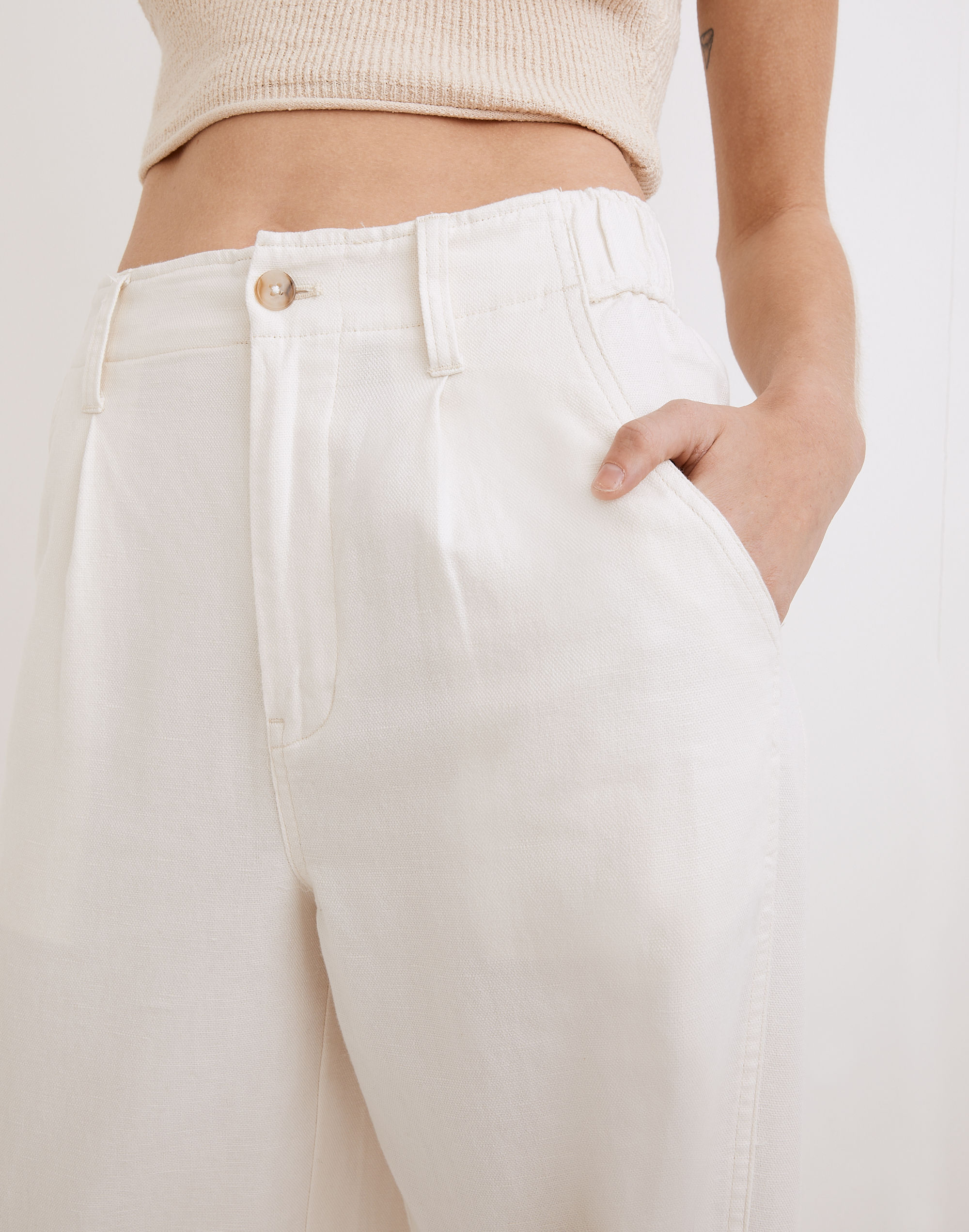 Petite Cotton-Linen Pleated Wide-Leg Pants