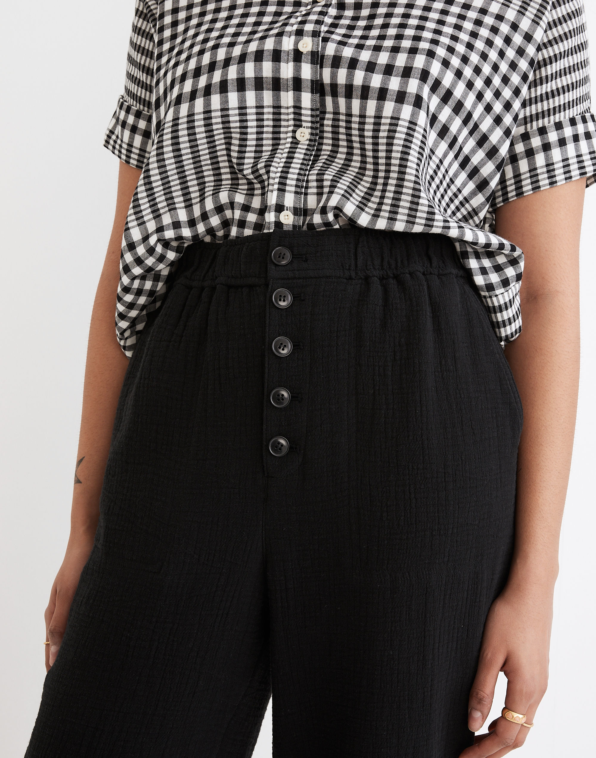 Cotton-Linen Pull-On High-Rise Tapered Pants: Button-Front Edition