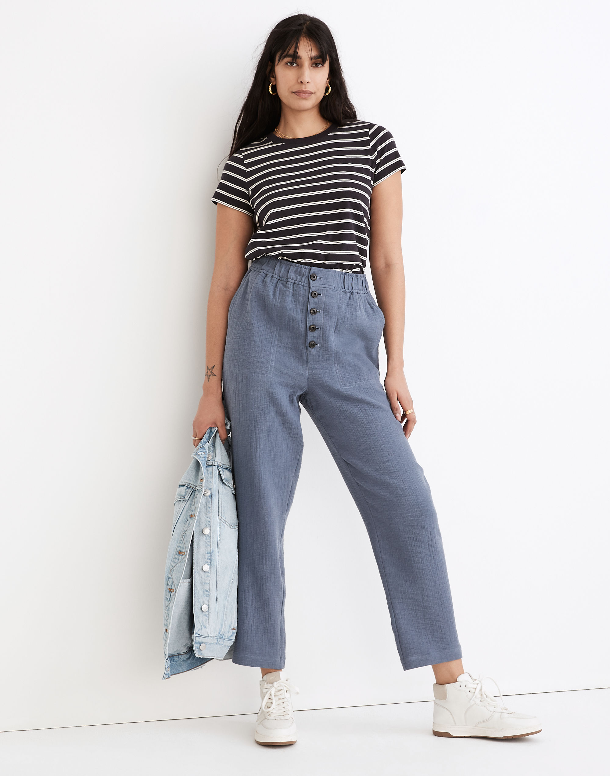 Cotton-Linen Pull-On High-Rise Tapered Pants: Button-Front Edition