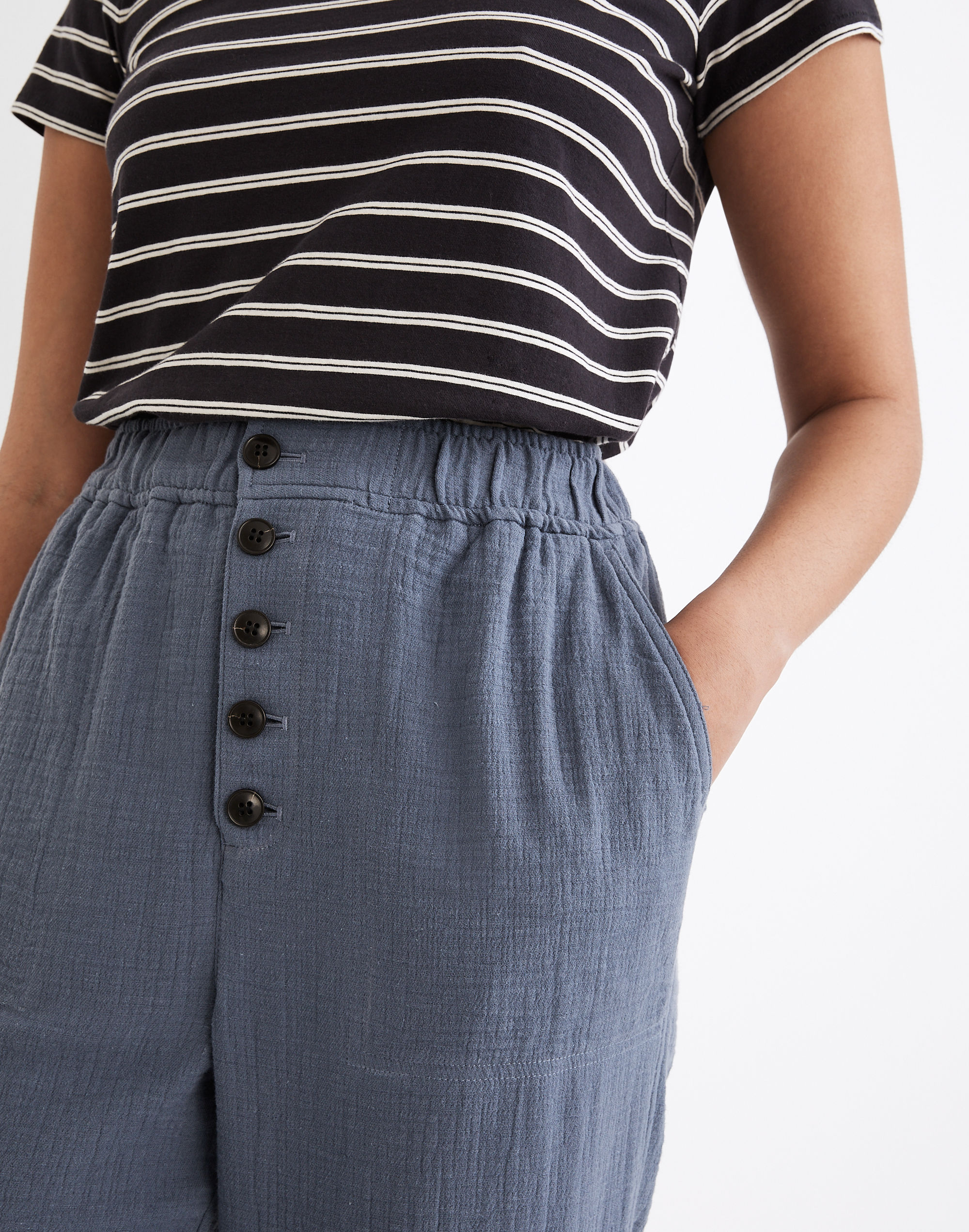 Cotton-Linen Pull-On High-Rise Tapered Pants: Button-Front Edition