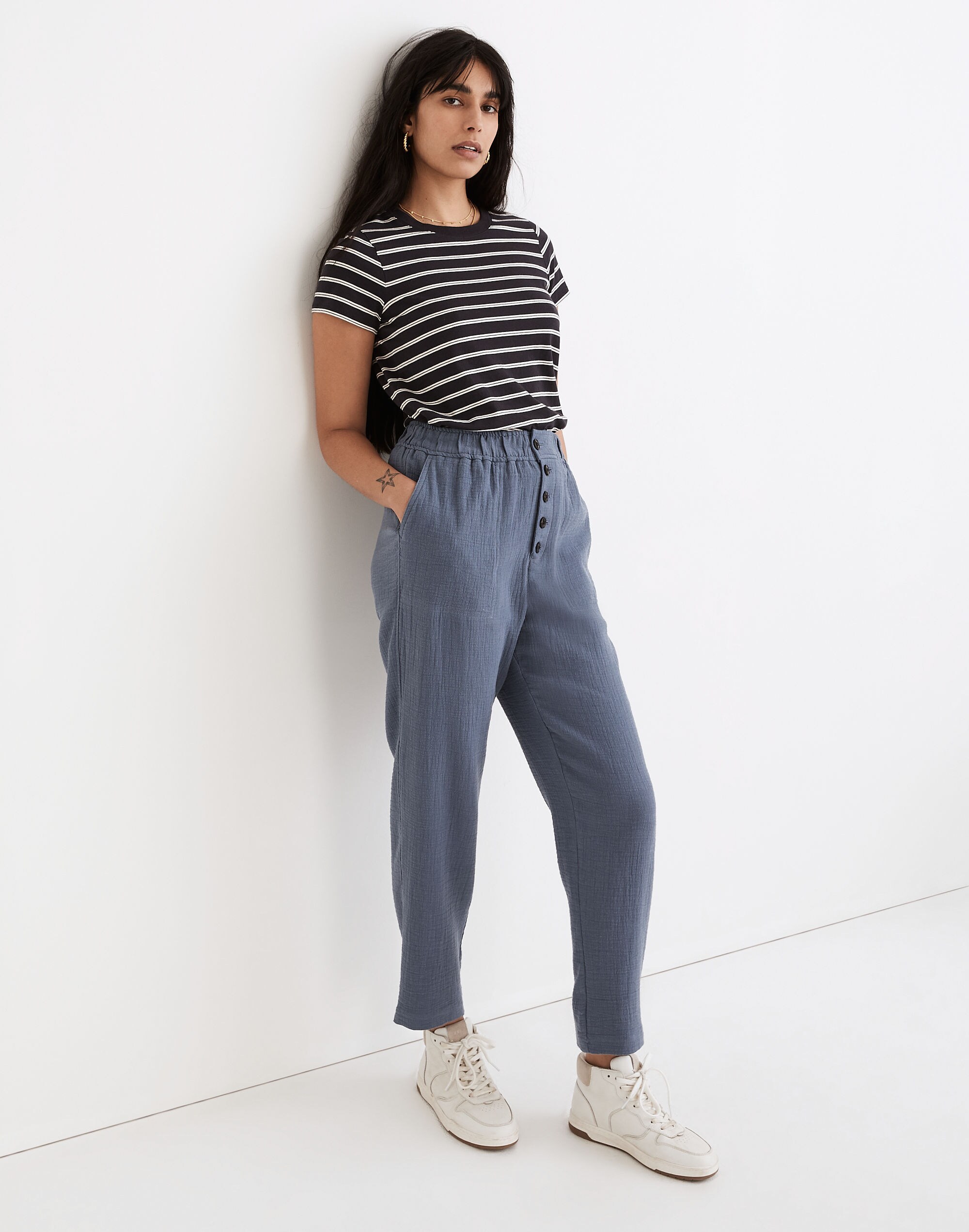Cotton-Linen Pull-On High-Rise Tapered Pants: Button-Front Edition