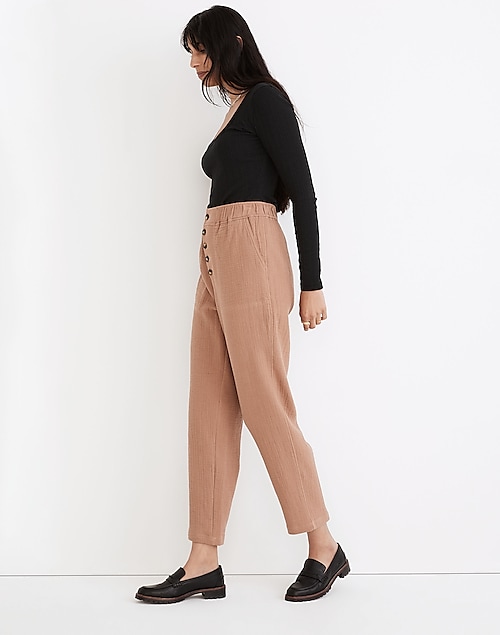 Cotton-Linen Pull-On High-Rise Tapered Pants: Button-Front Edition