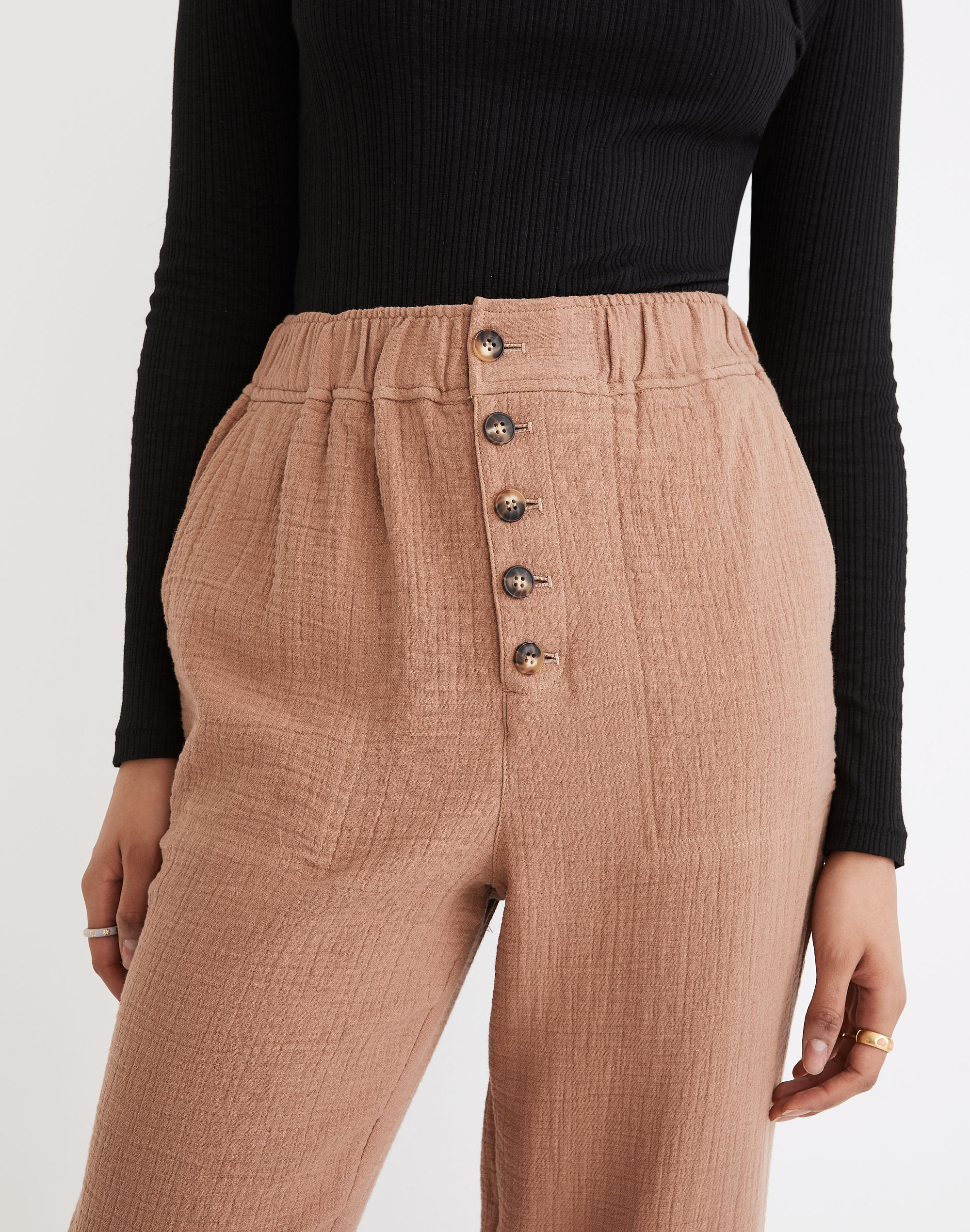 Cotton-Linen Pull-On High-Rise Tapered Pants: Button-Front Edition