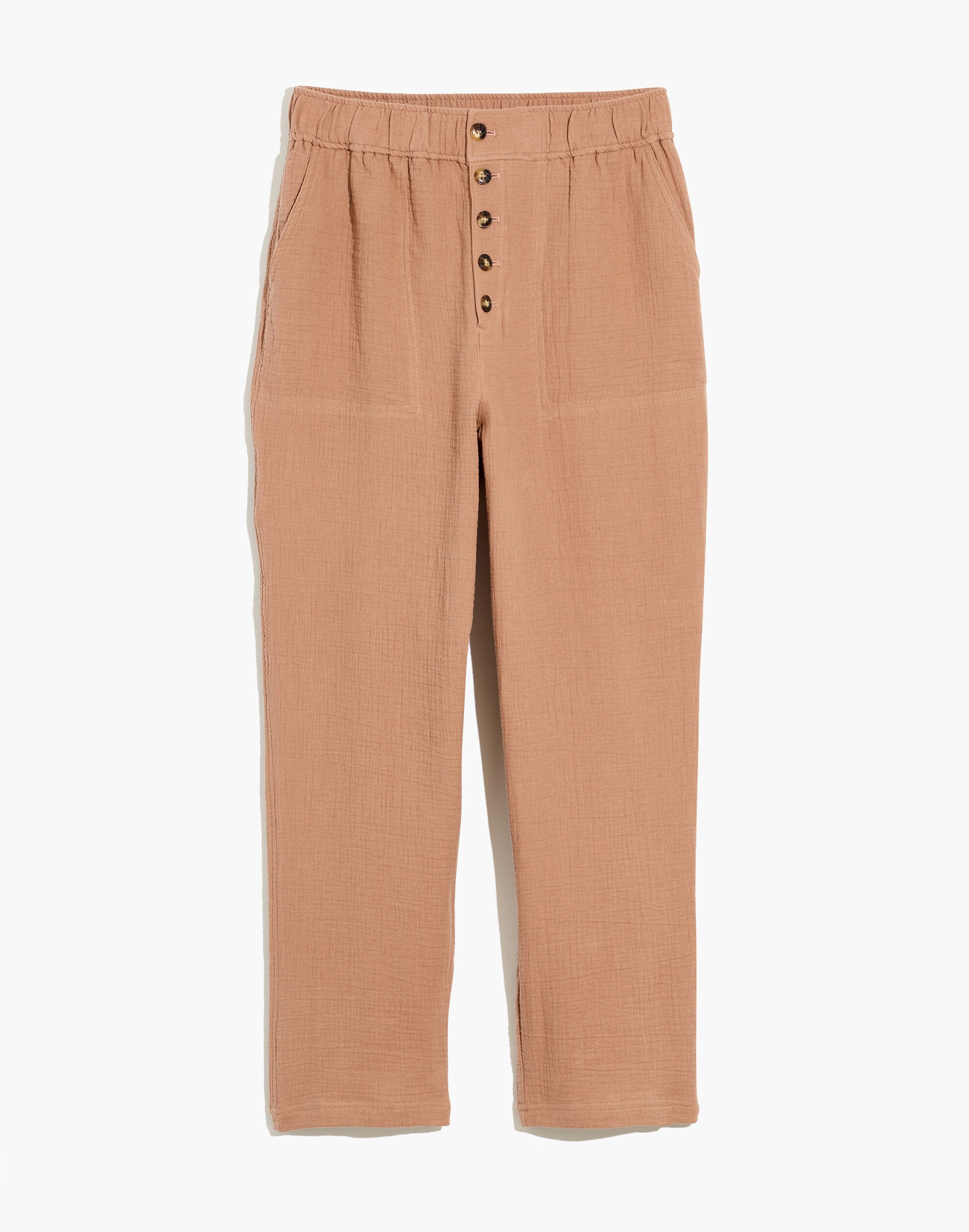 Cotton-Linen Pull-On High-Rise Tapered Pants: Button-Front Edition