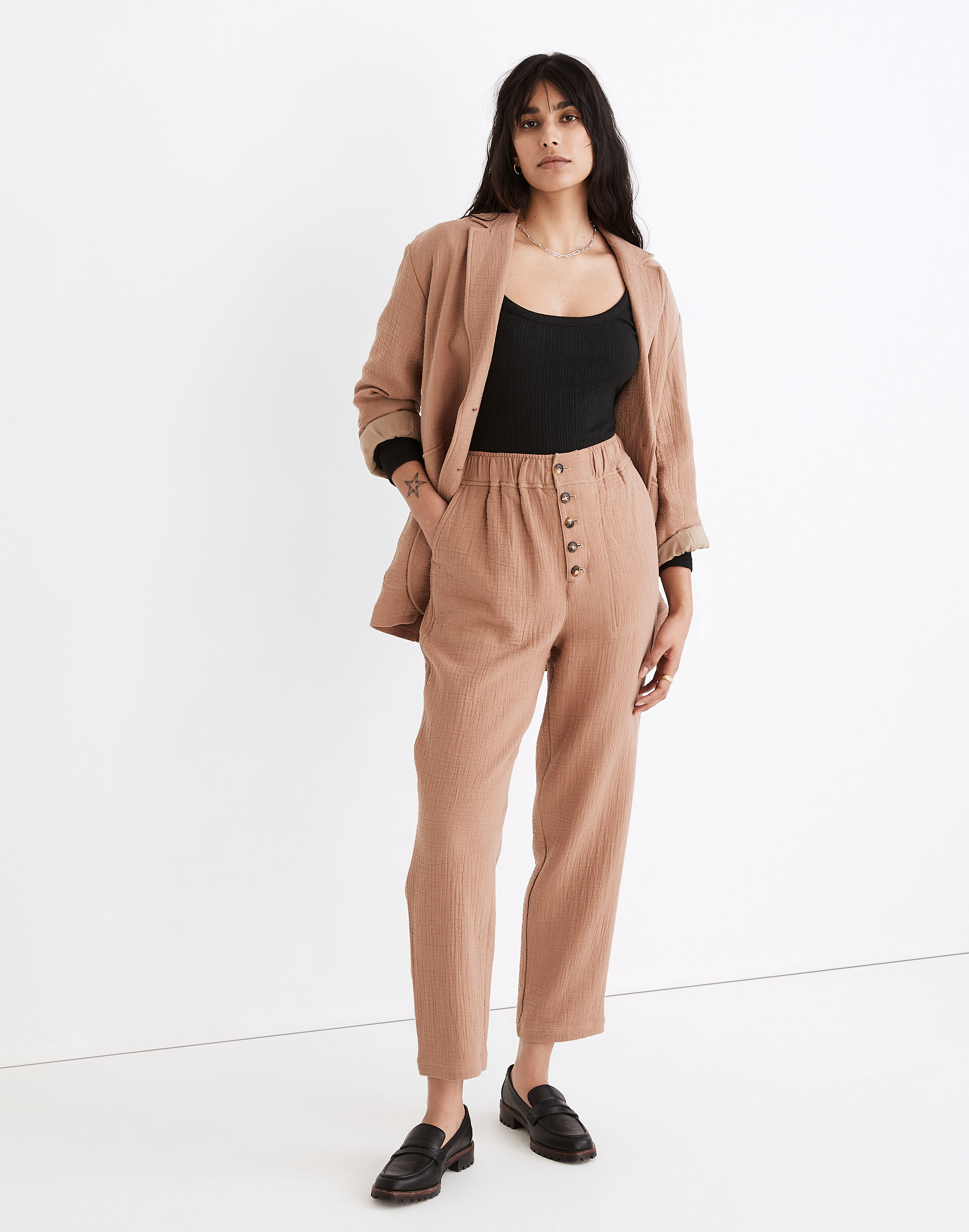 Cotton-Linen Pull-On High-Rise Tapered Pants: Button-Front Edition