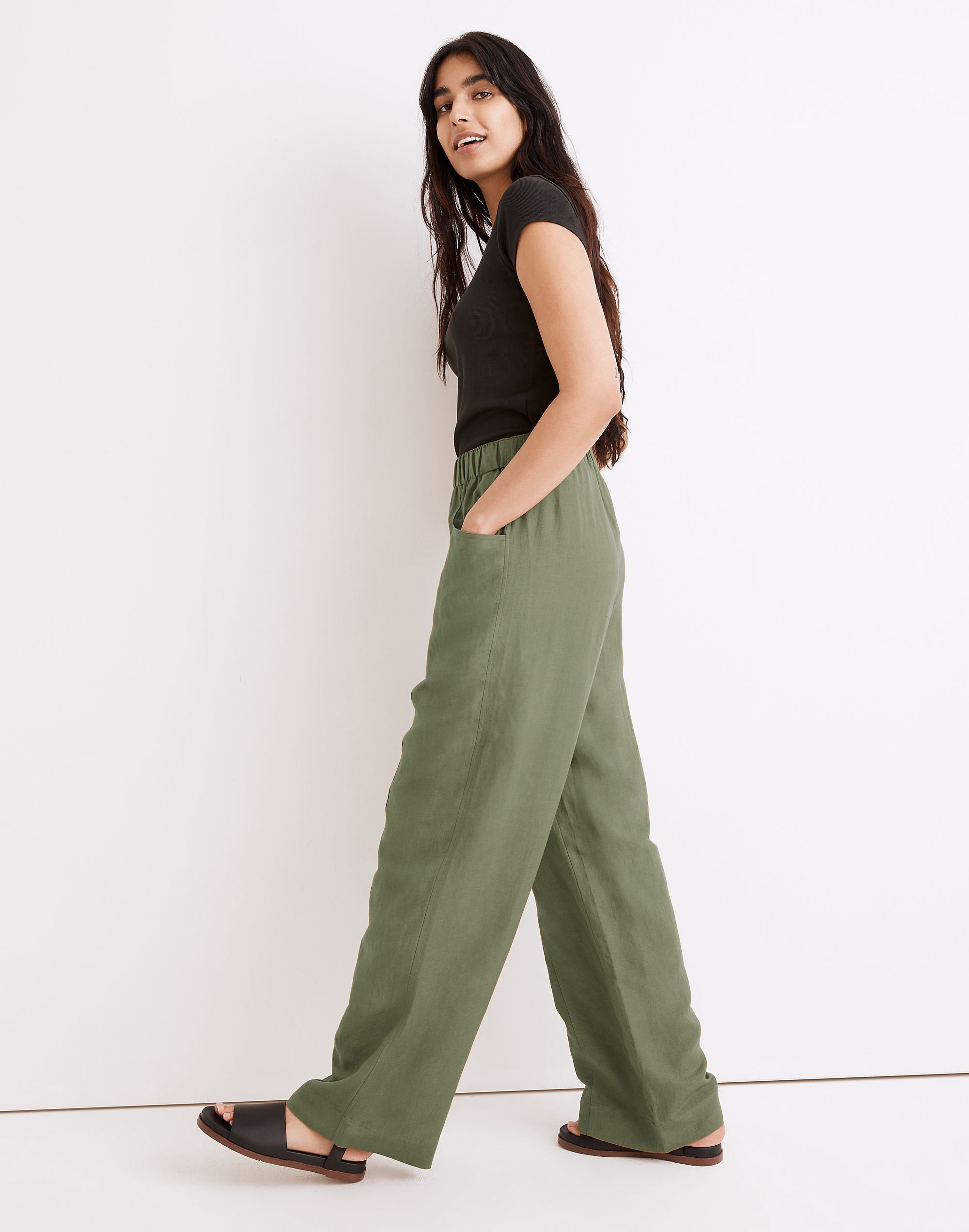 Linen-Blend Pull-On High-Rise Wide-Leg Pants