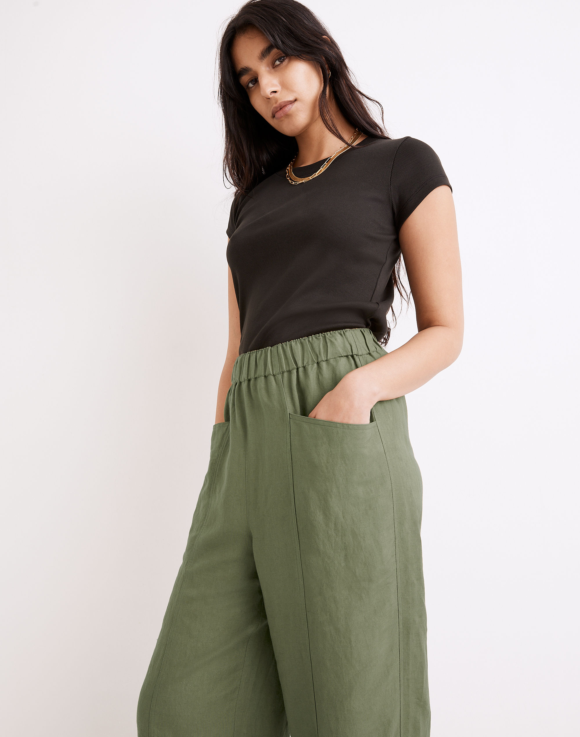 Linen-Blend Pull-On High-Rise Wide-Leg Pants