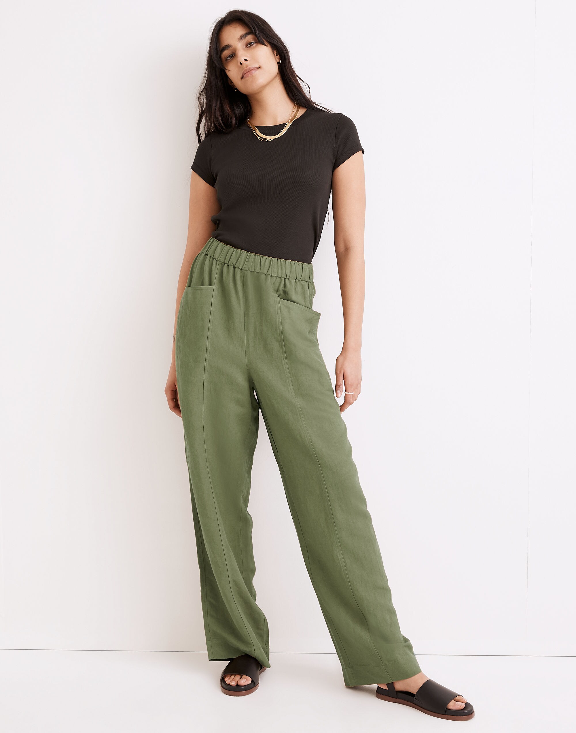 Linen-Blend Pull-On High-Rise Wide-Leg Pants