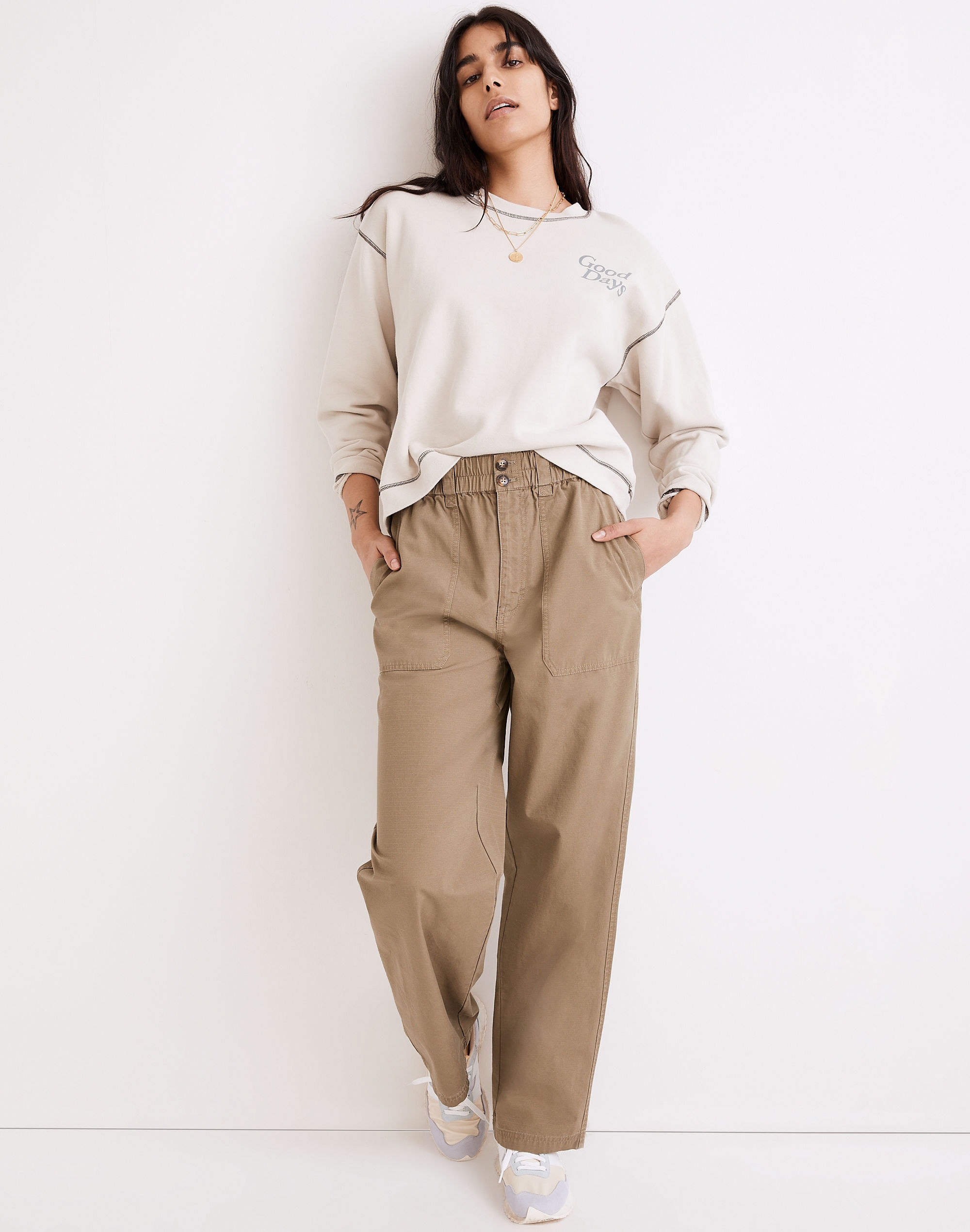 Cotton Ripstop Pull-On Straight Cargo Pants