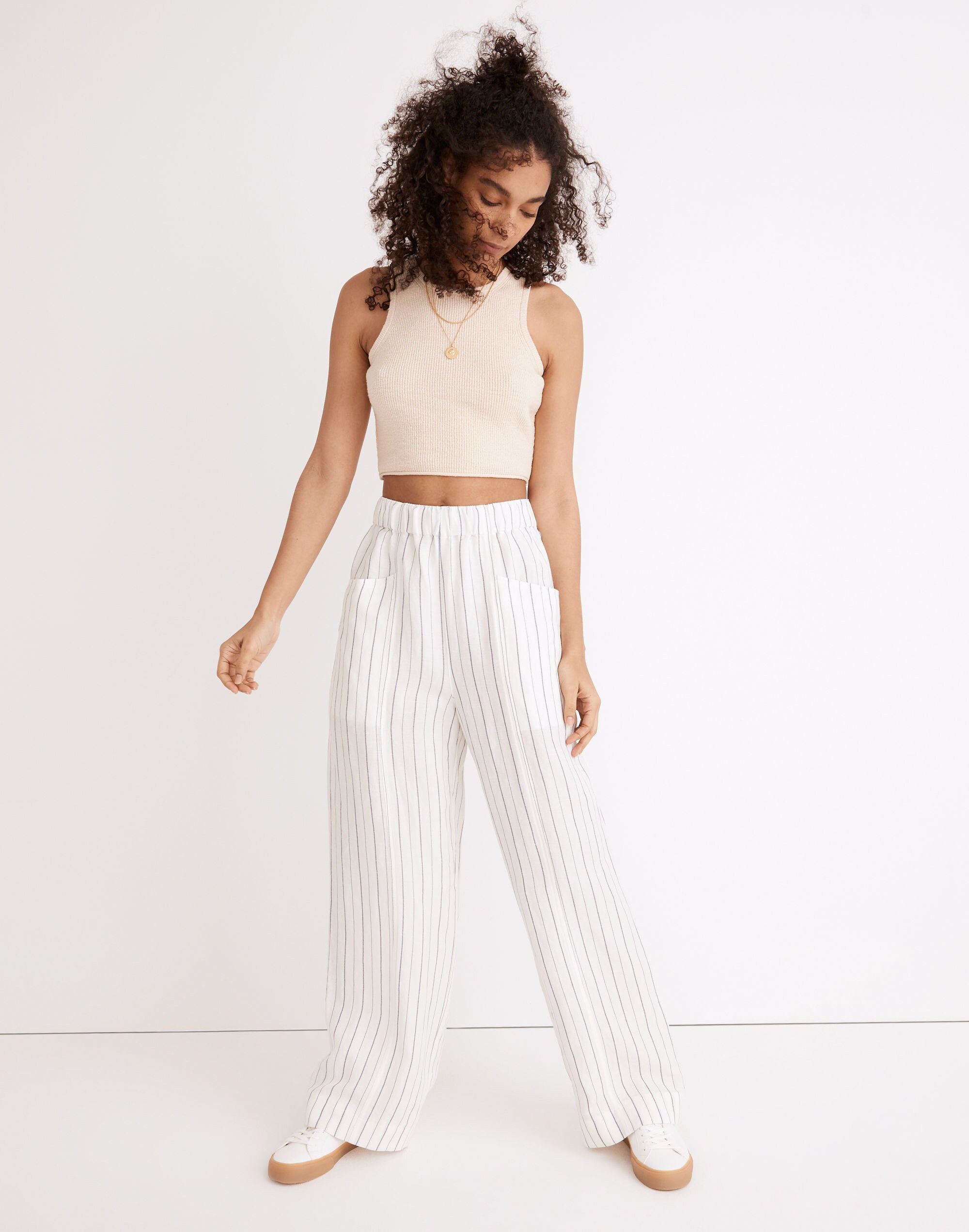 Linen-Blend Pull-On High-Rise Wide-Leg Pants in Stripe