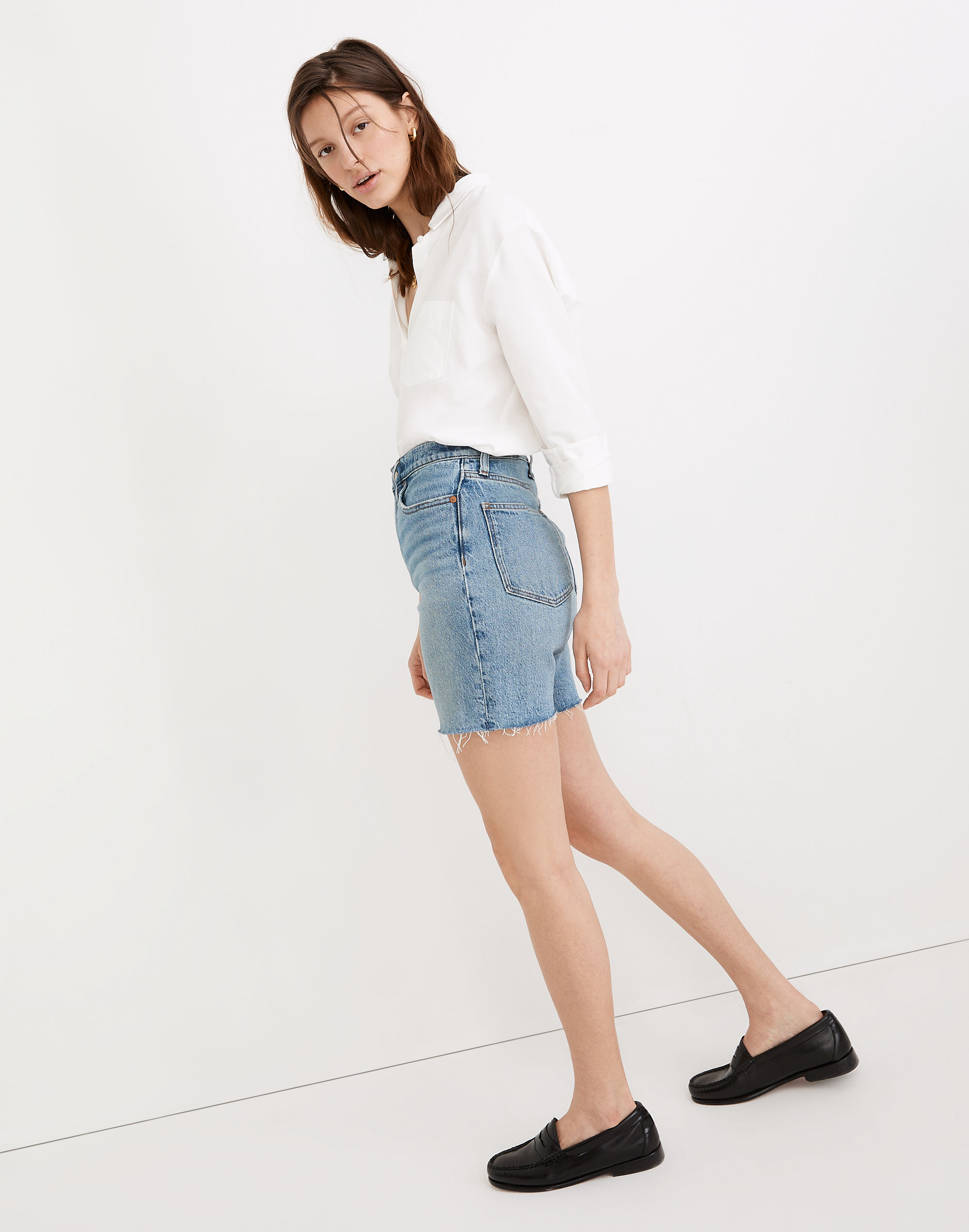 High-Rise Mid-Length Denim Shorts in Bingley Wash: TENCEL&trade; Denim Edition
