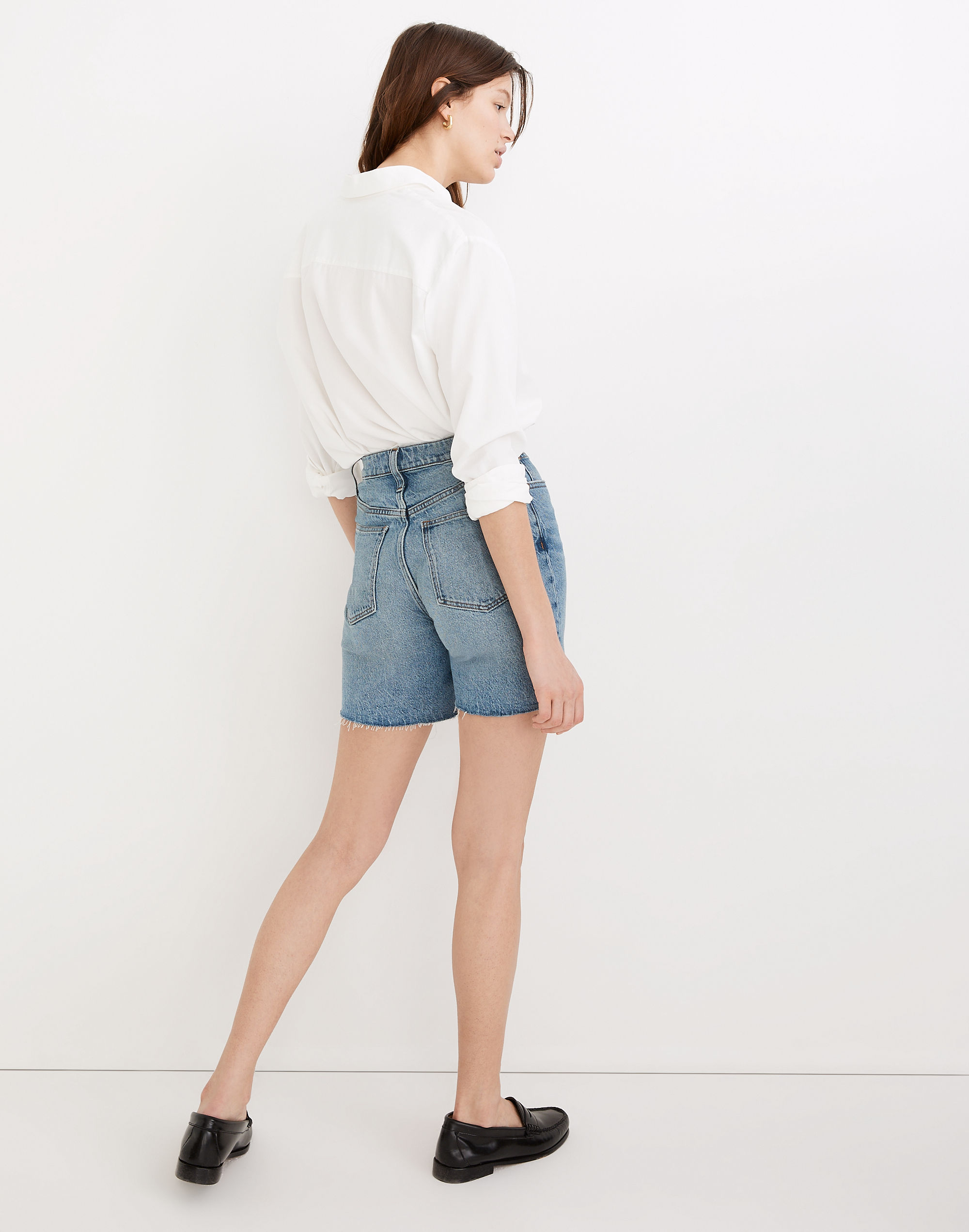 High-Rise Mid-Length Denim Shorts in Bingley Wash: TENCEL&trade; Denim Edition