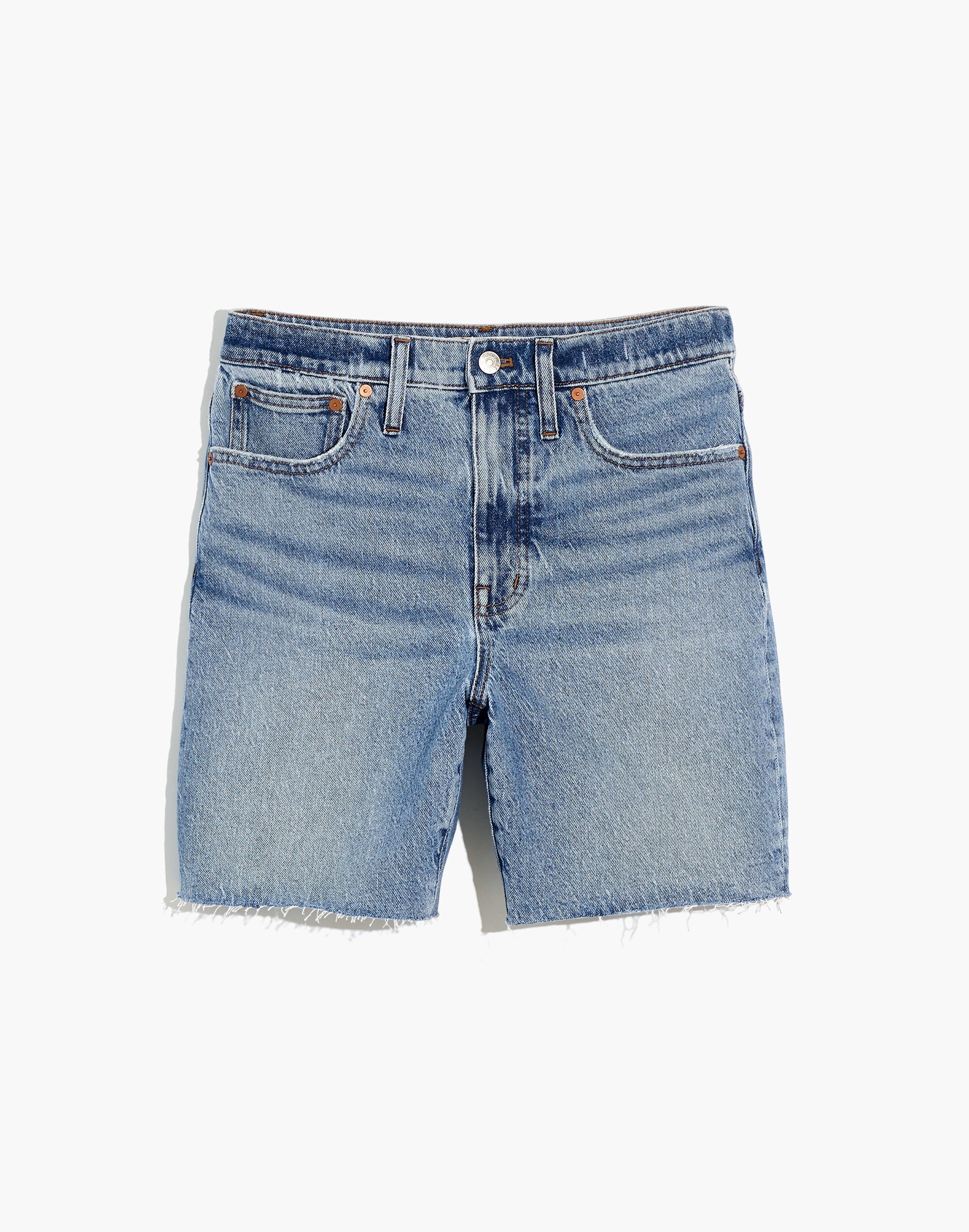 High-Rise Mid-Length Denim Shorts in Bingley Wash: TENCEL&trade; Denim Edition
