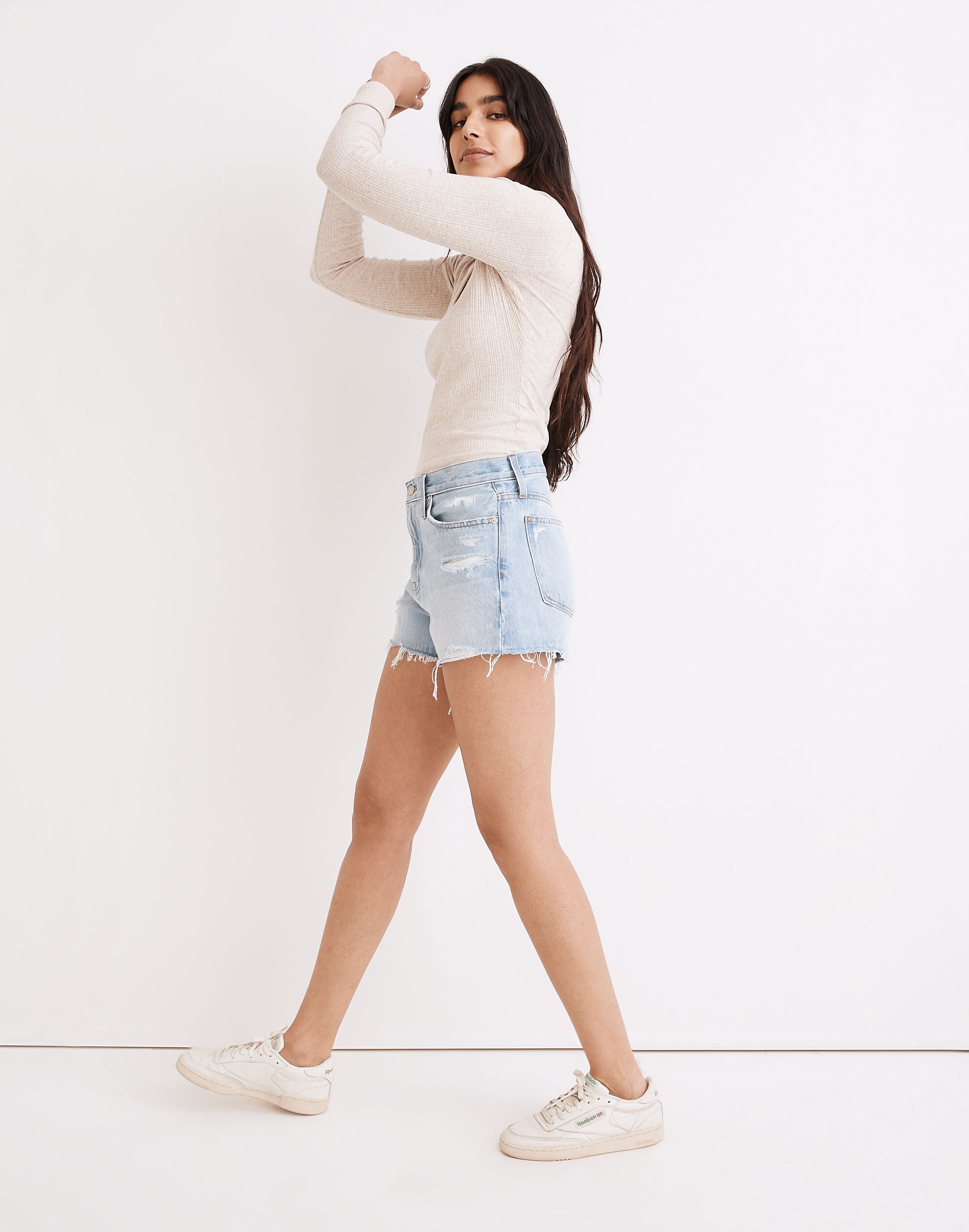 Relaxed Denim Shorts in Lemar Wash: Ripped Edition