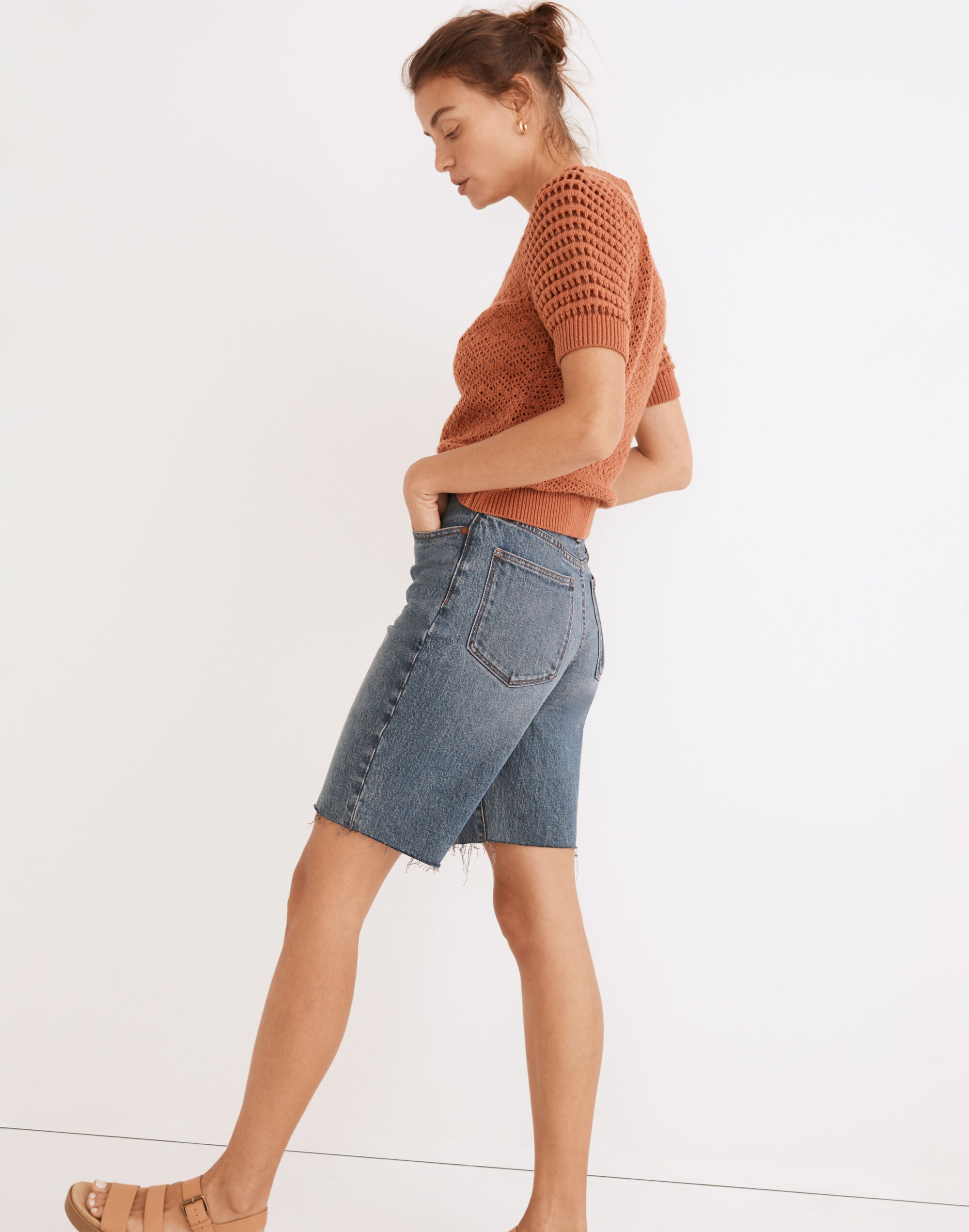High-Rise Long Denim Shorts in Brightwood Wash