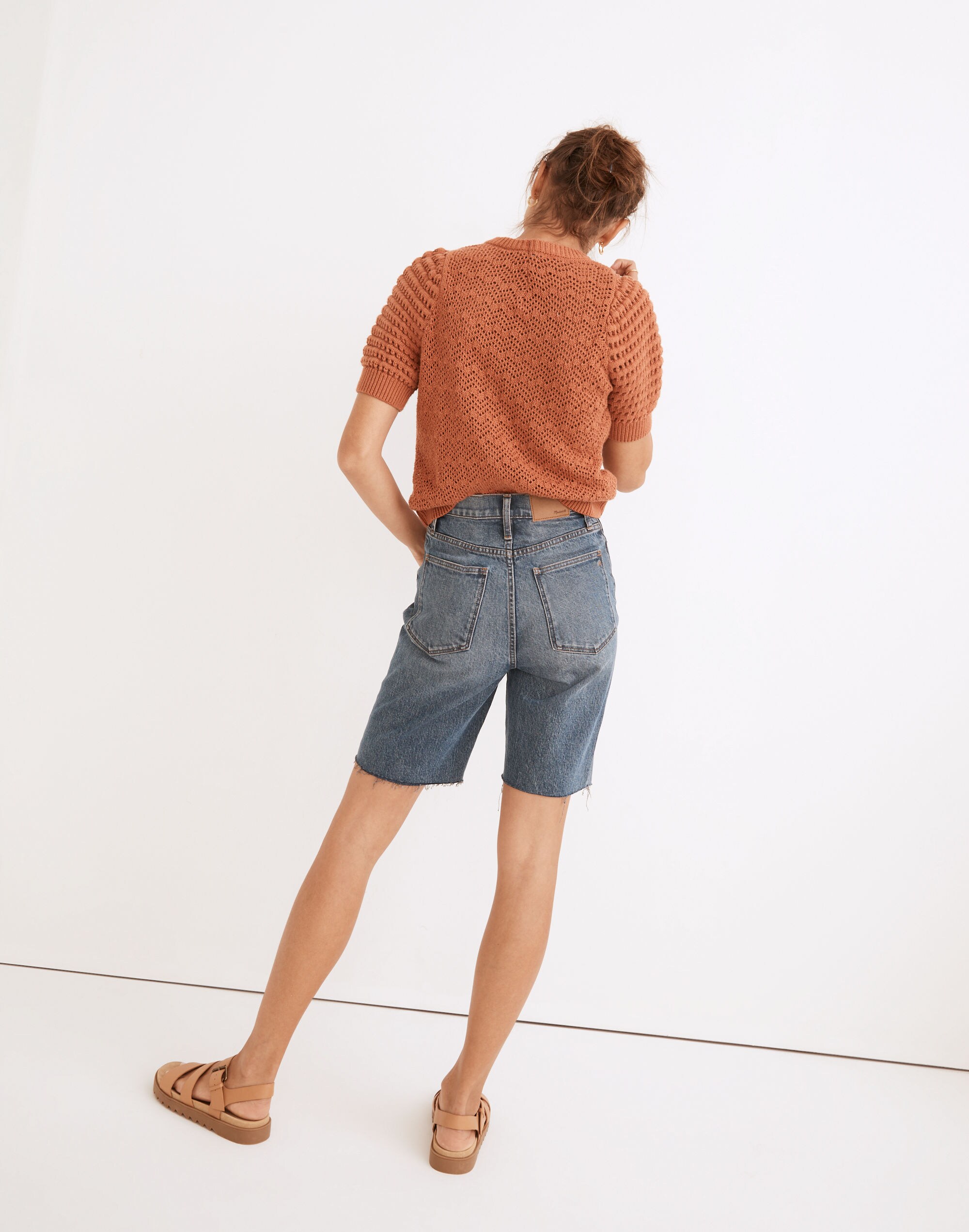 High-Rise Long Denim Shorts in Brightwood Wash