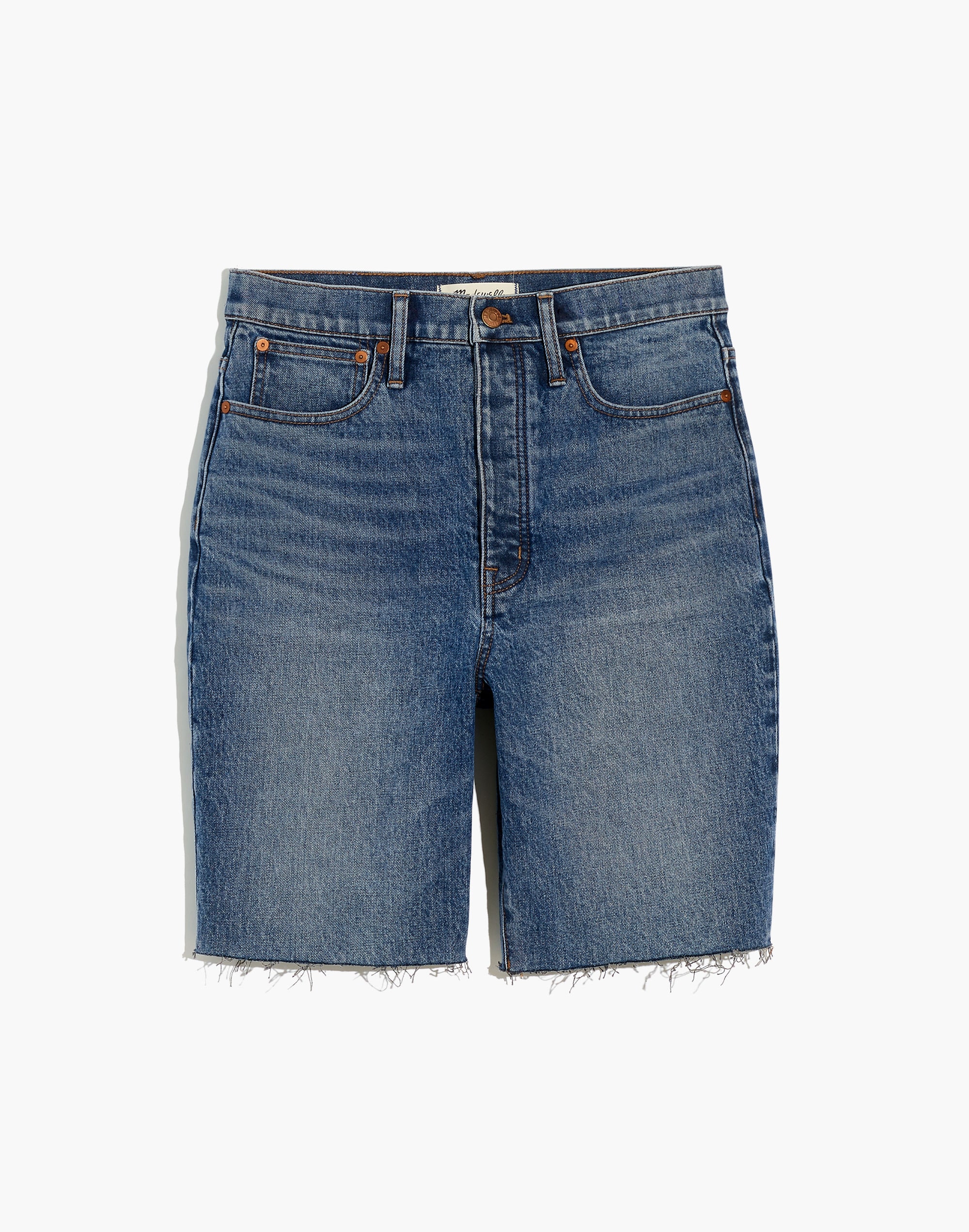 High-Rise Long Denim Shorts in Brightwood Wash