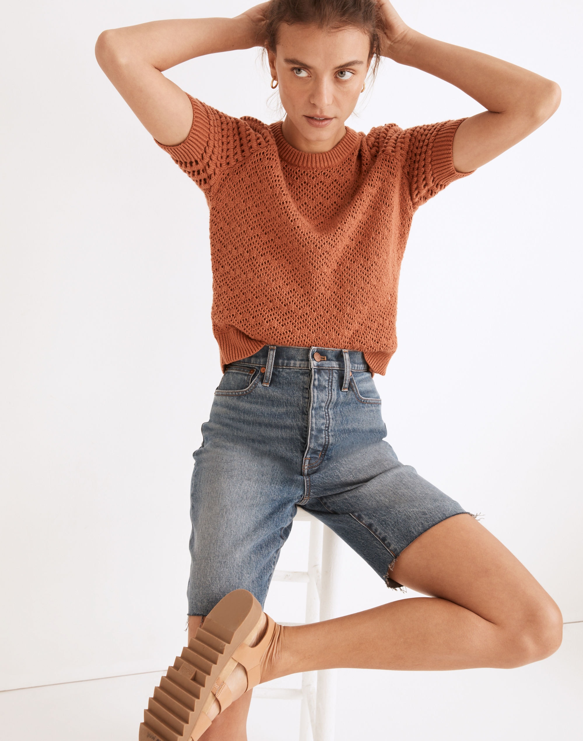 High-Rise Long Denim Shorts in Brightwood Wash