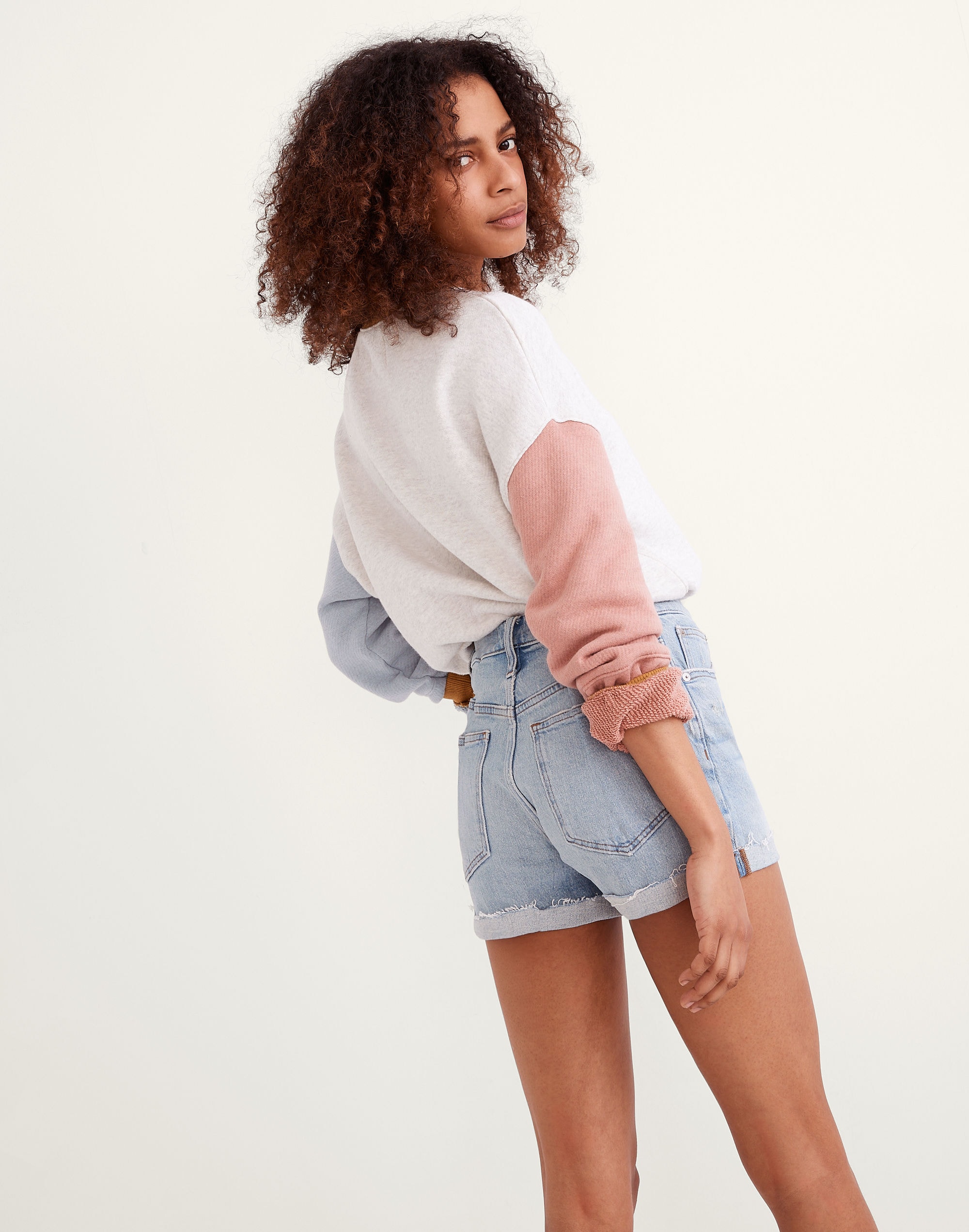 High-Rise Denim Shorts in Astell Wash: Ripped Edition