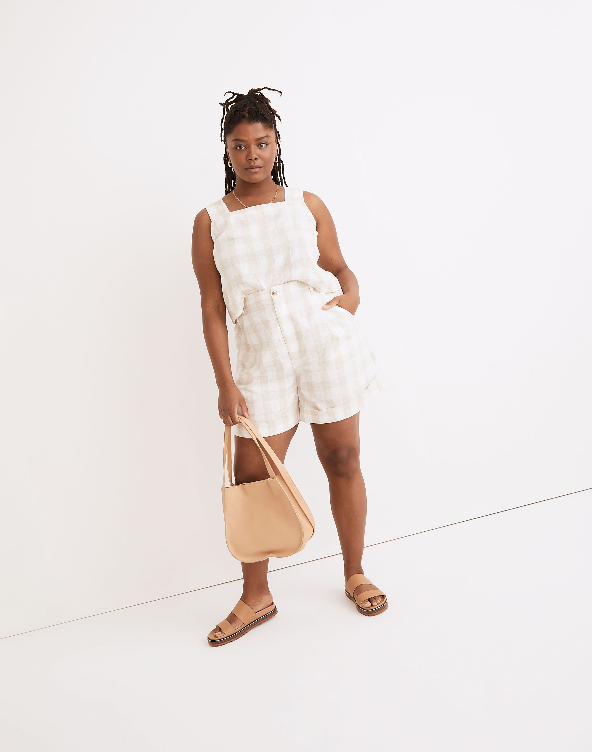 linen-blend pleated cuff shorts: undyed plaid edition