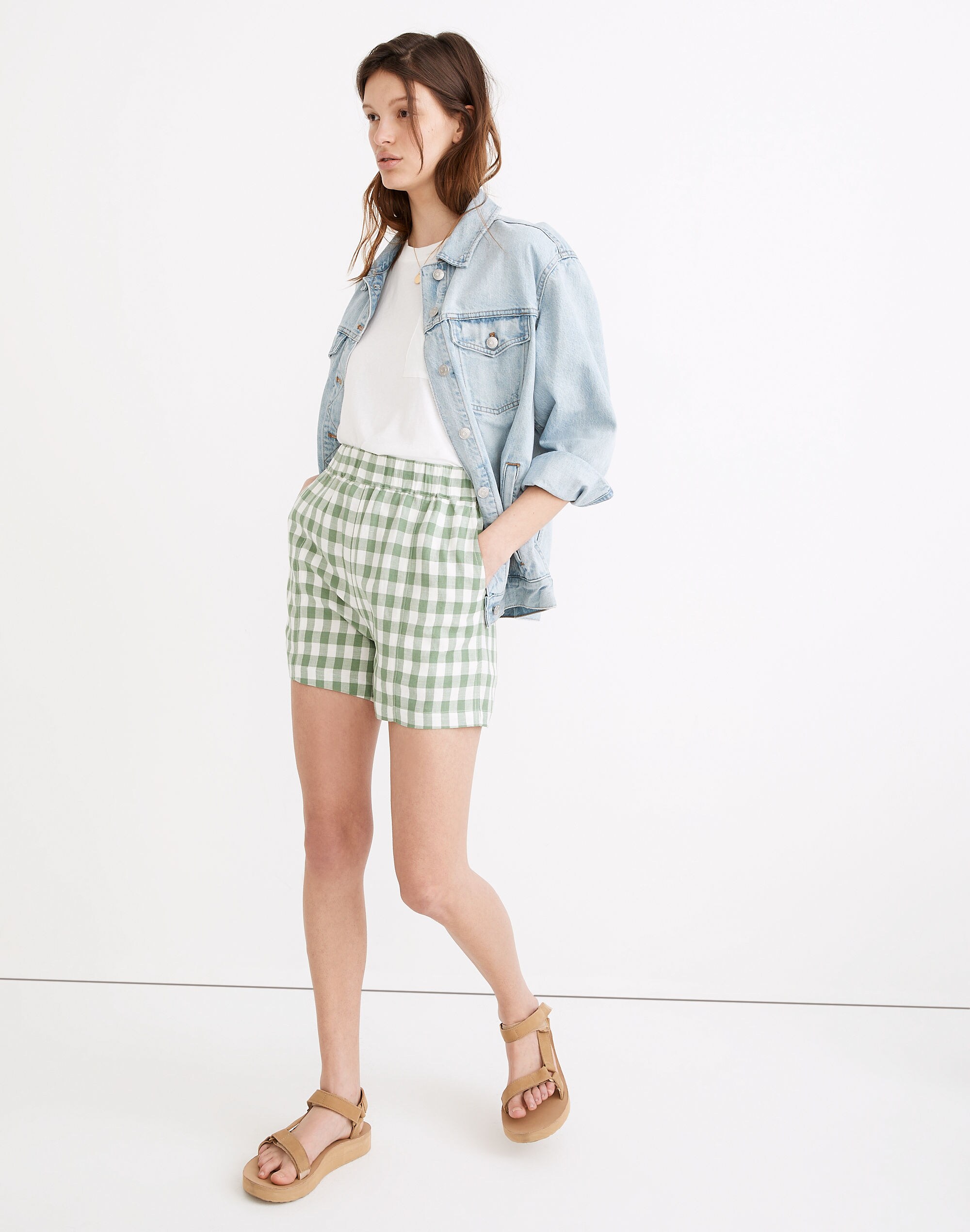 Linen-Blend Easy Pull-On Shorts in Gingham Check