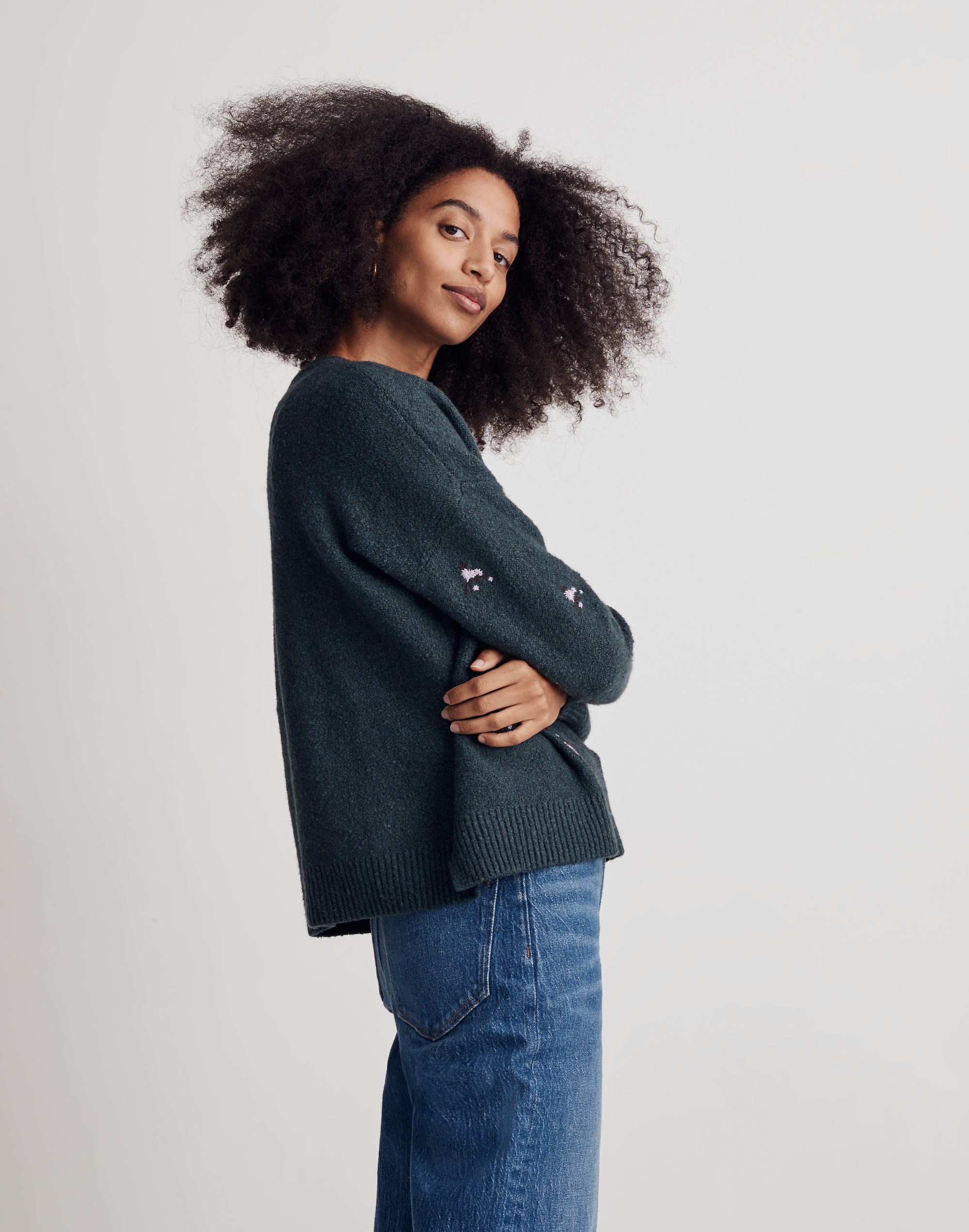 Embroidered Cross-Stitch Floral Pullover Sweater