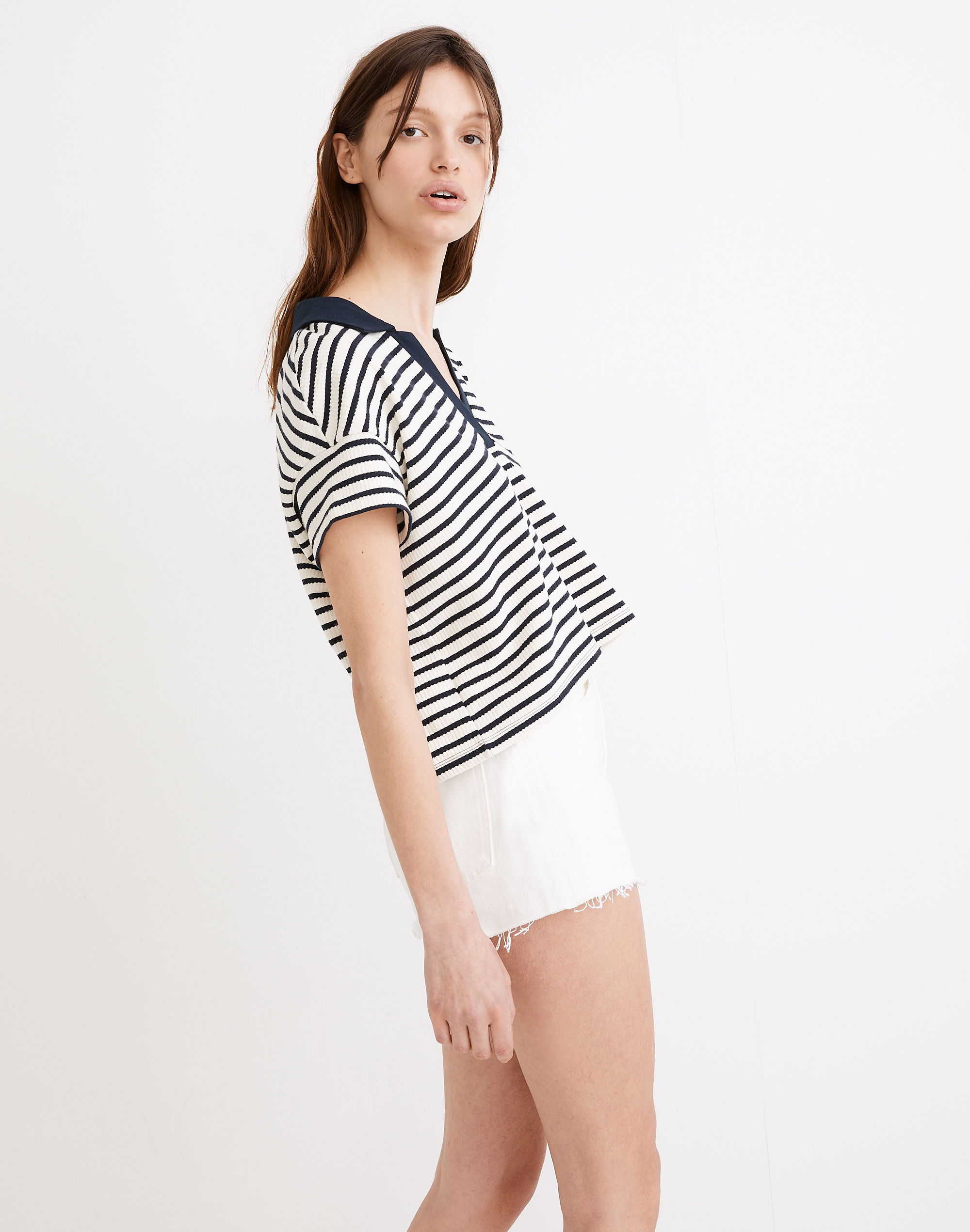 Texture-Rib Cropped Polo Tee