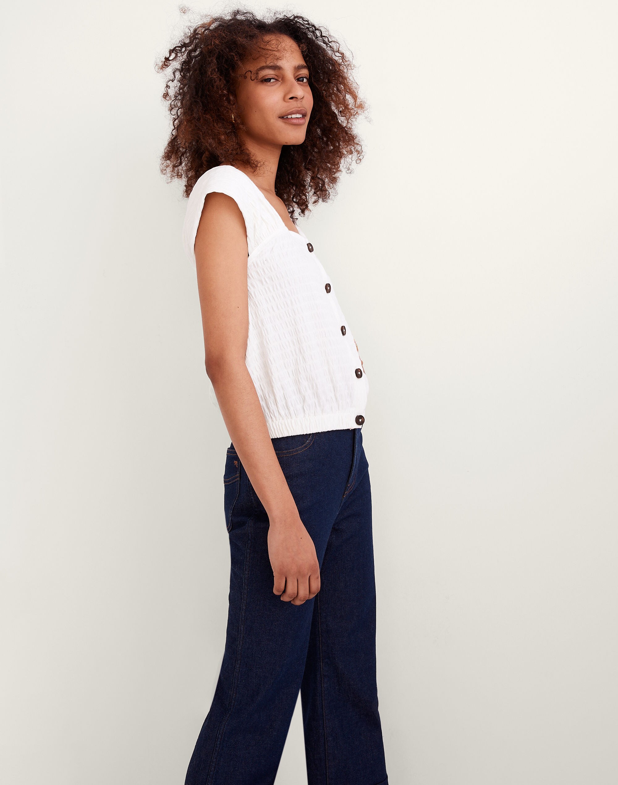Crinkle-Knit Button-Front Top