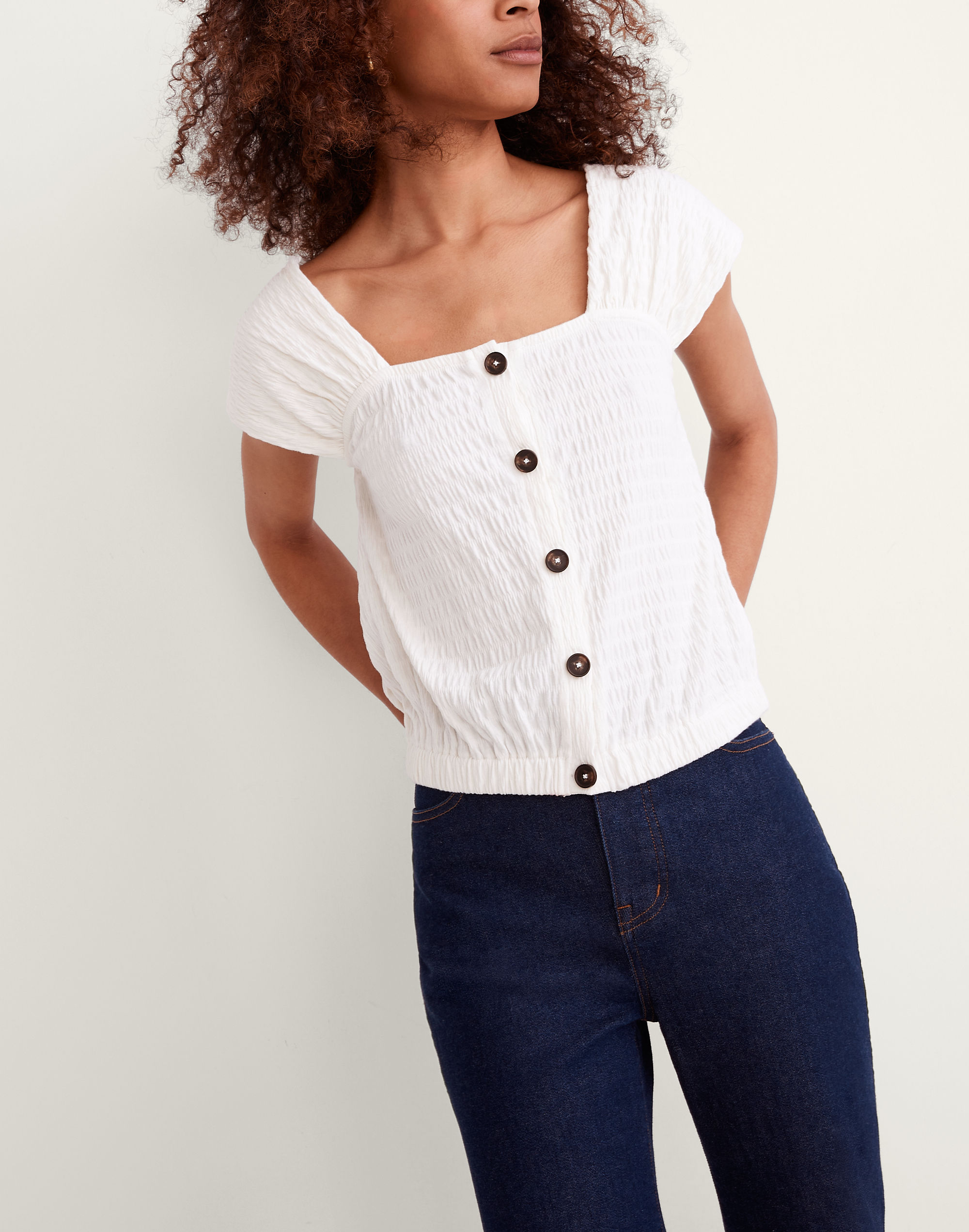 Crinkle-Knit Button-Front Top