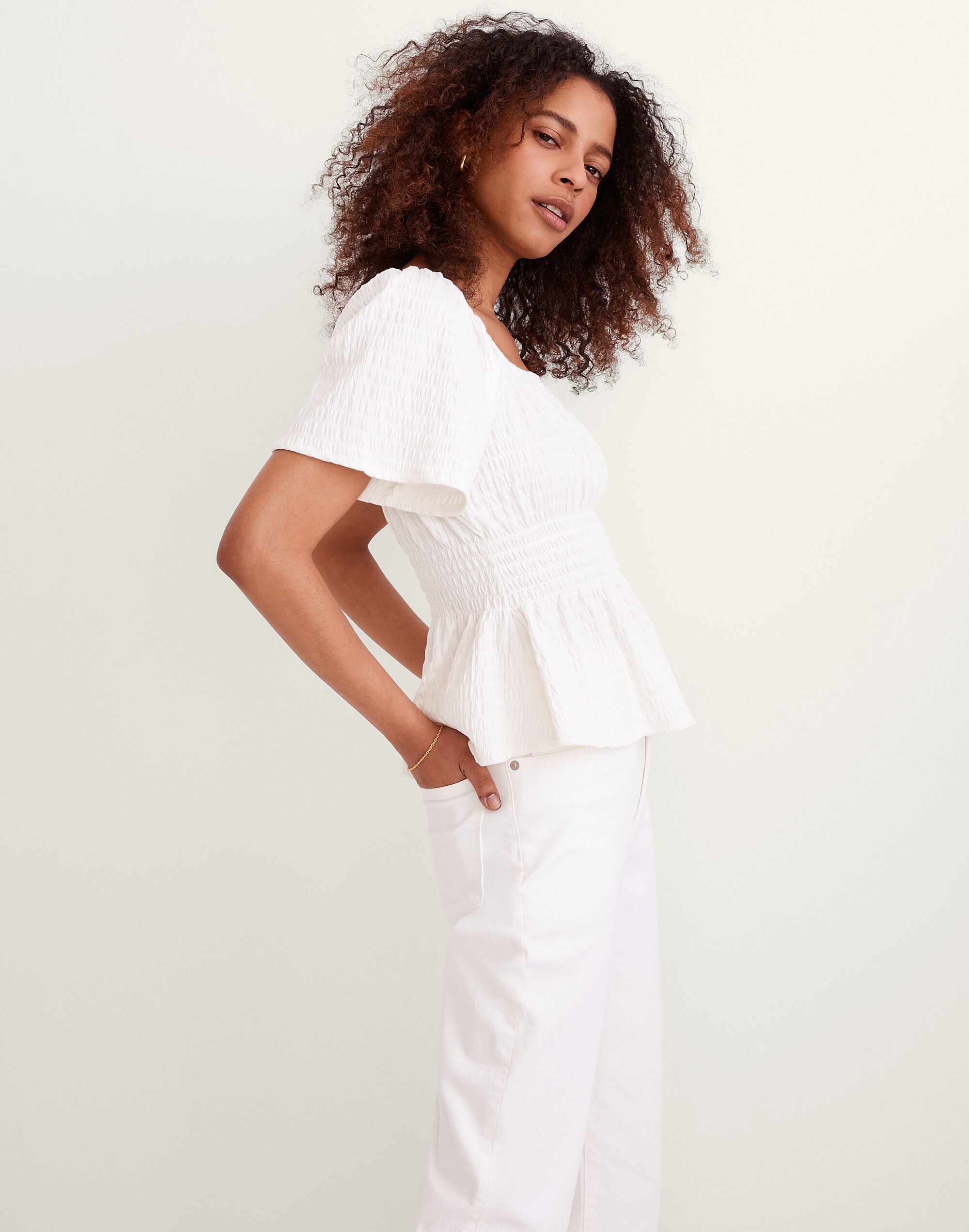 Crinkle-Knit Square-Neck Smocked Top