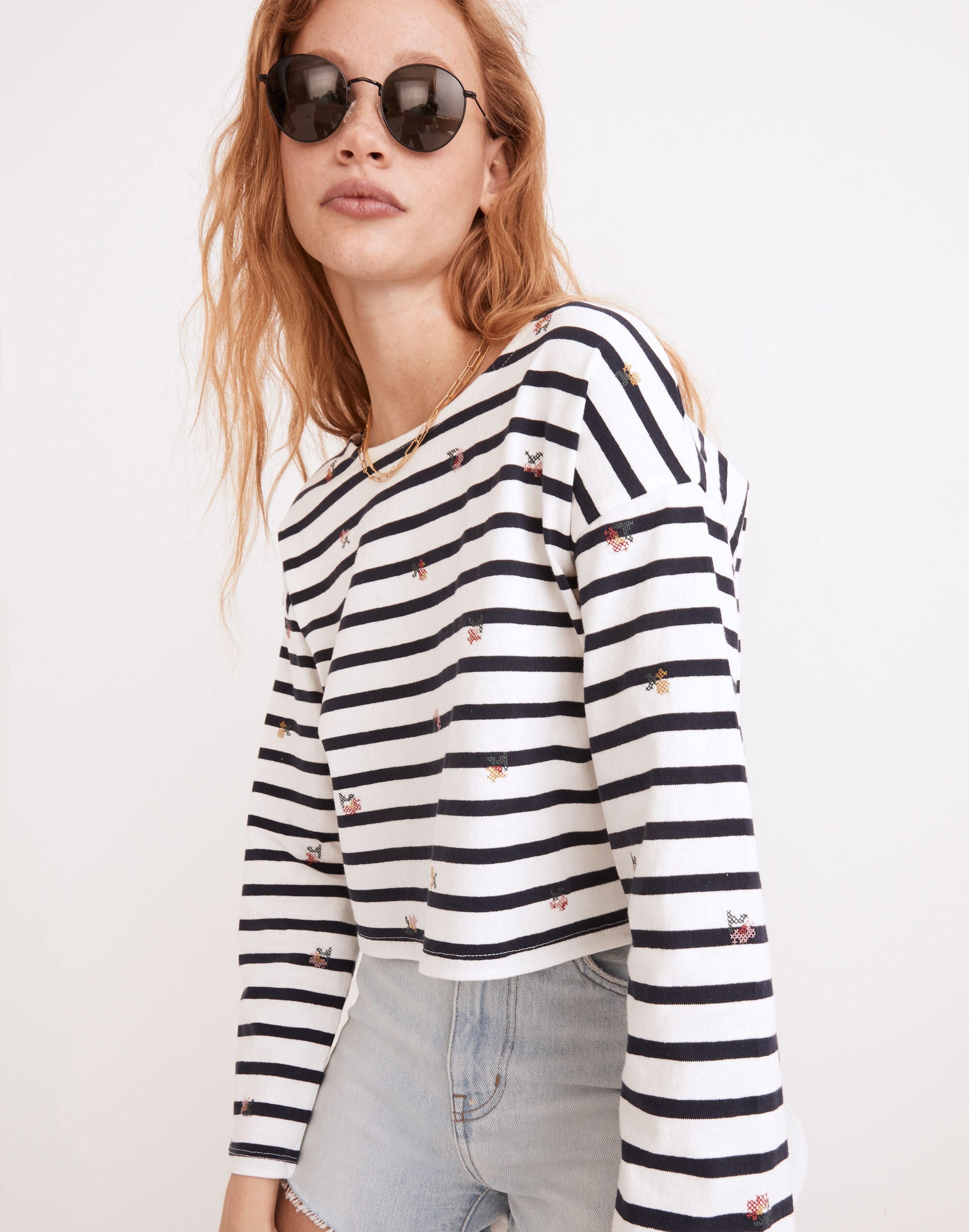 Cross-Stitch Embroidered Supercrop Long-Sleeve Tee in Stripe