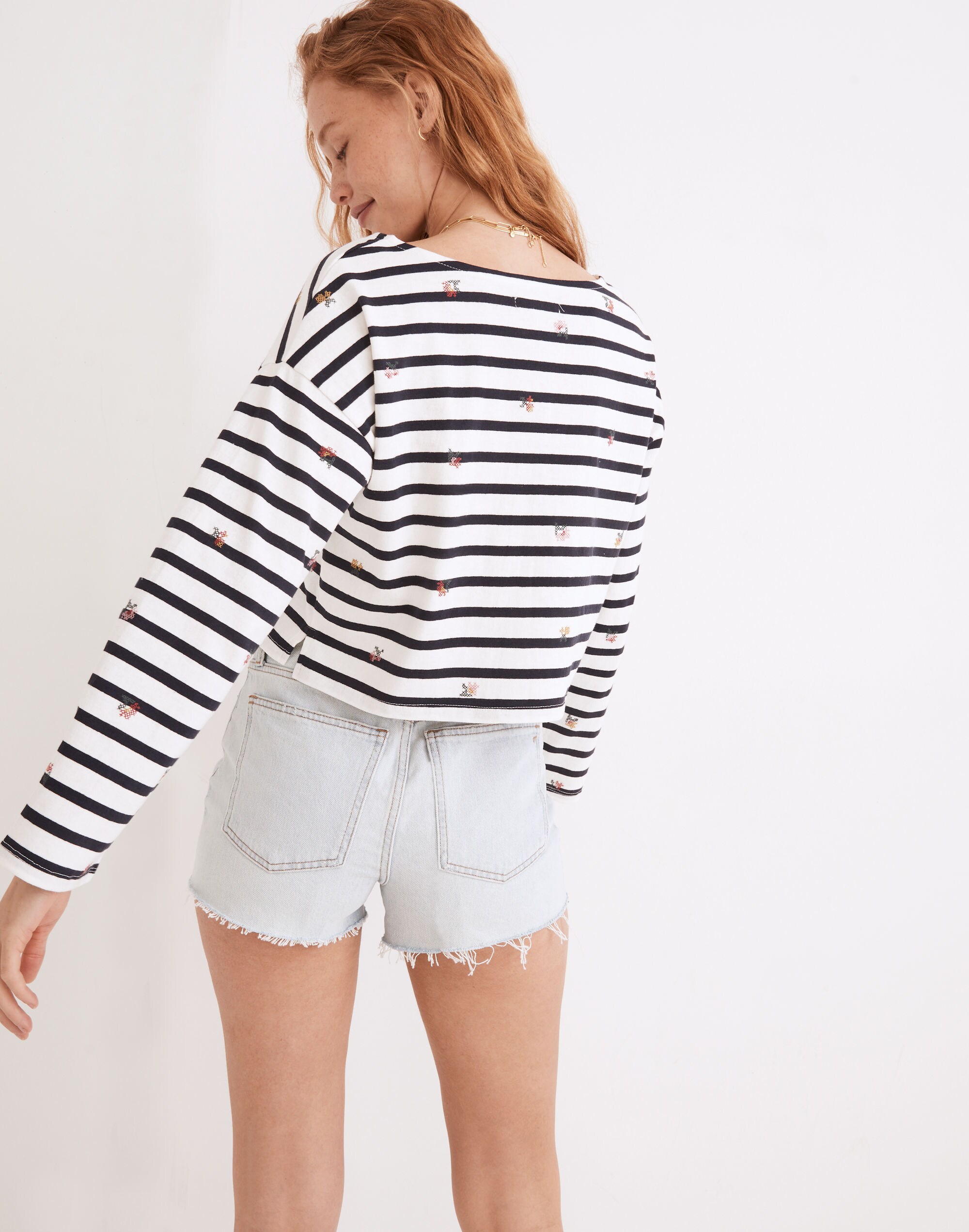 Cross-Stitch Embroidered Supercrop Long-Sleeve Tee in Stripe