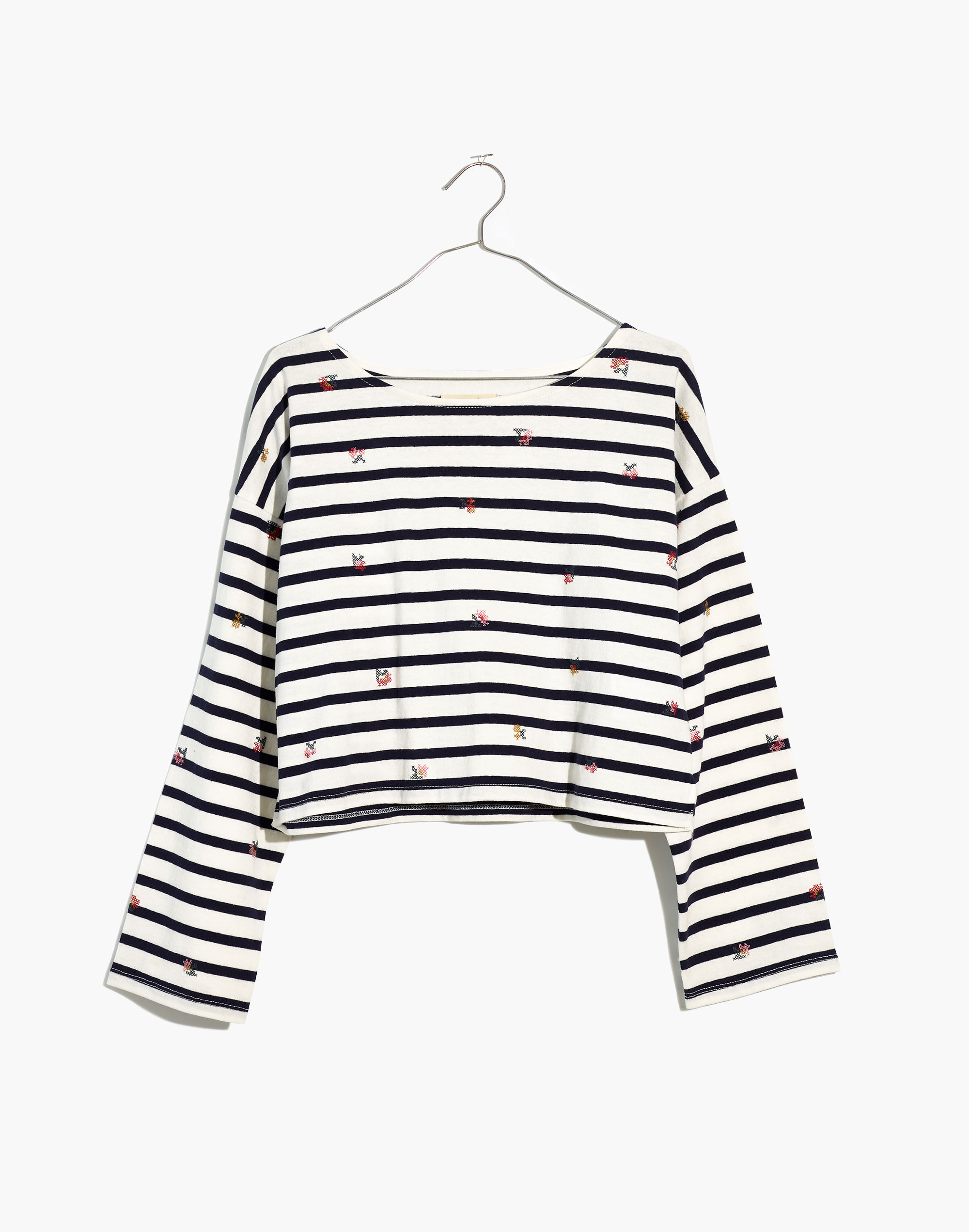 Cross-Stitch Embroidered Supercrop Long-Sleeve Tee in Stripe
