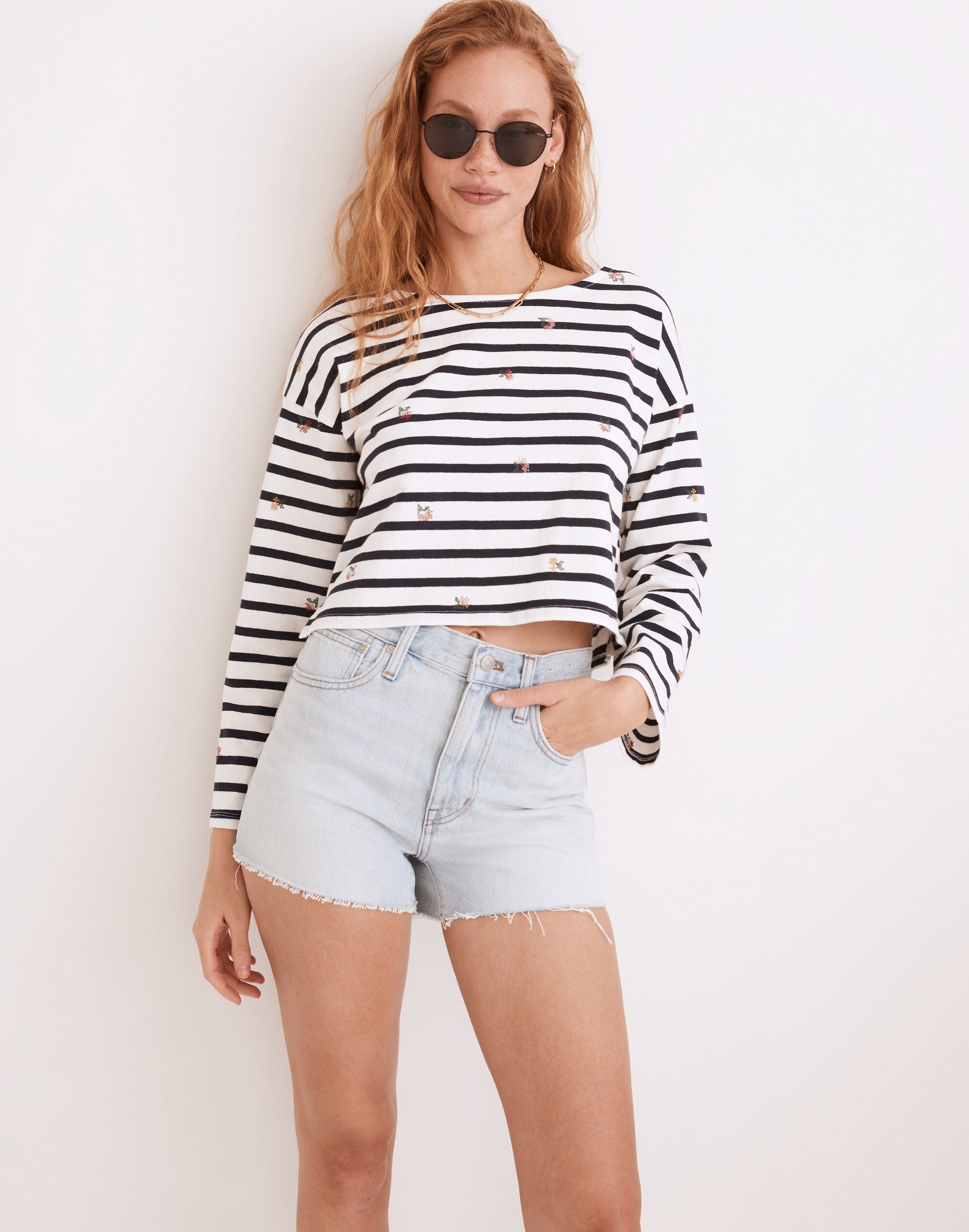 Cross-Stitch Embroidered Supercrop Long-Sleeve Tee in Stripe