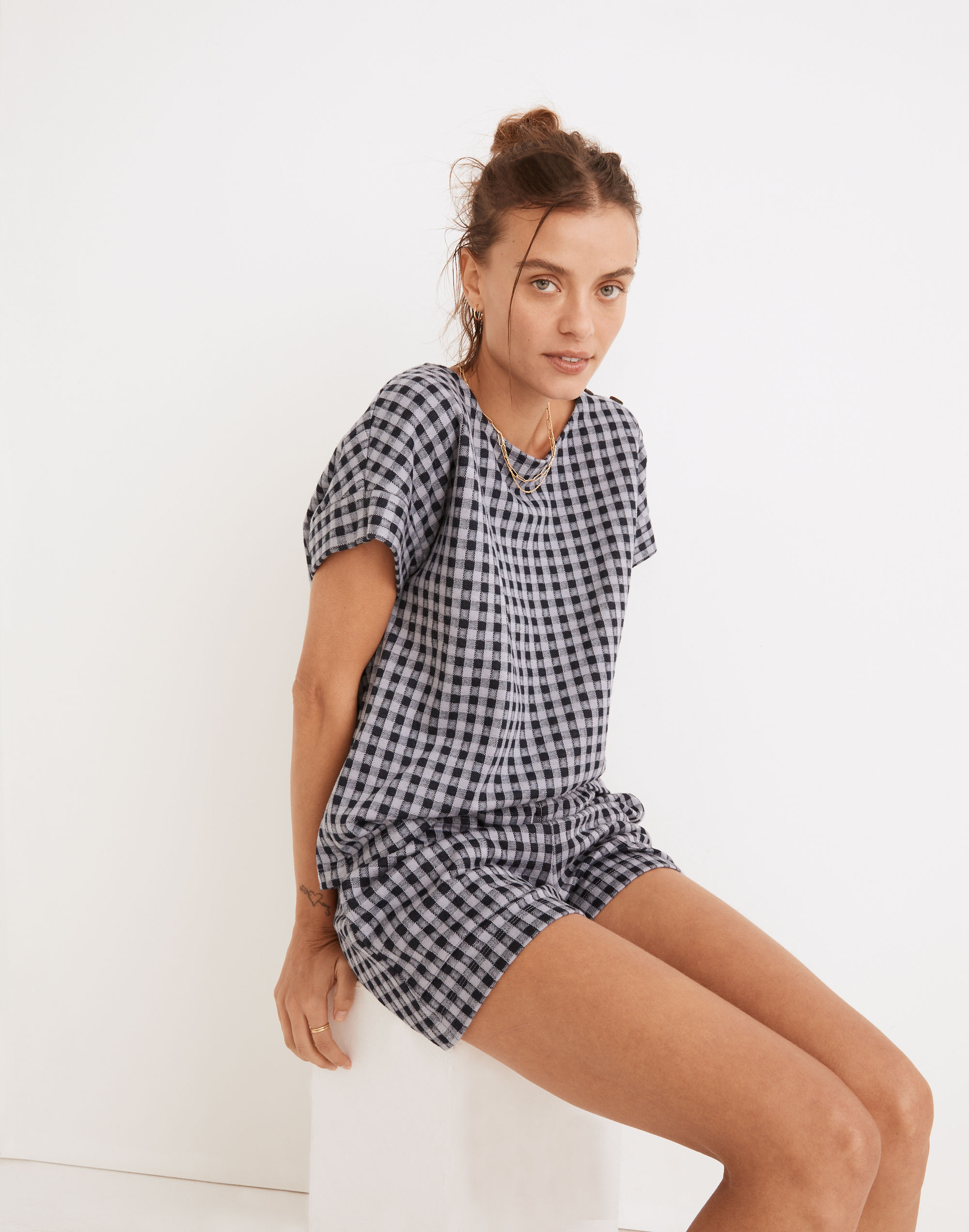 Gingham Knit Seersucker Button-Shoulder Top