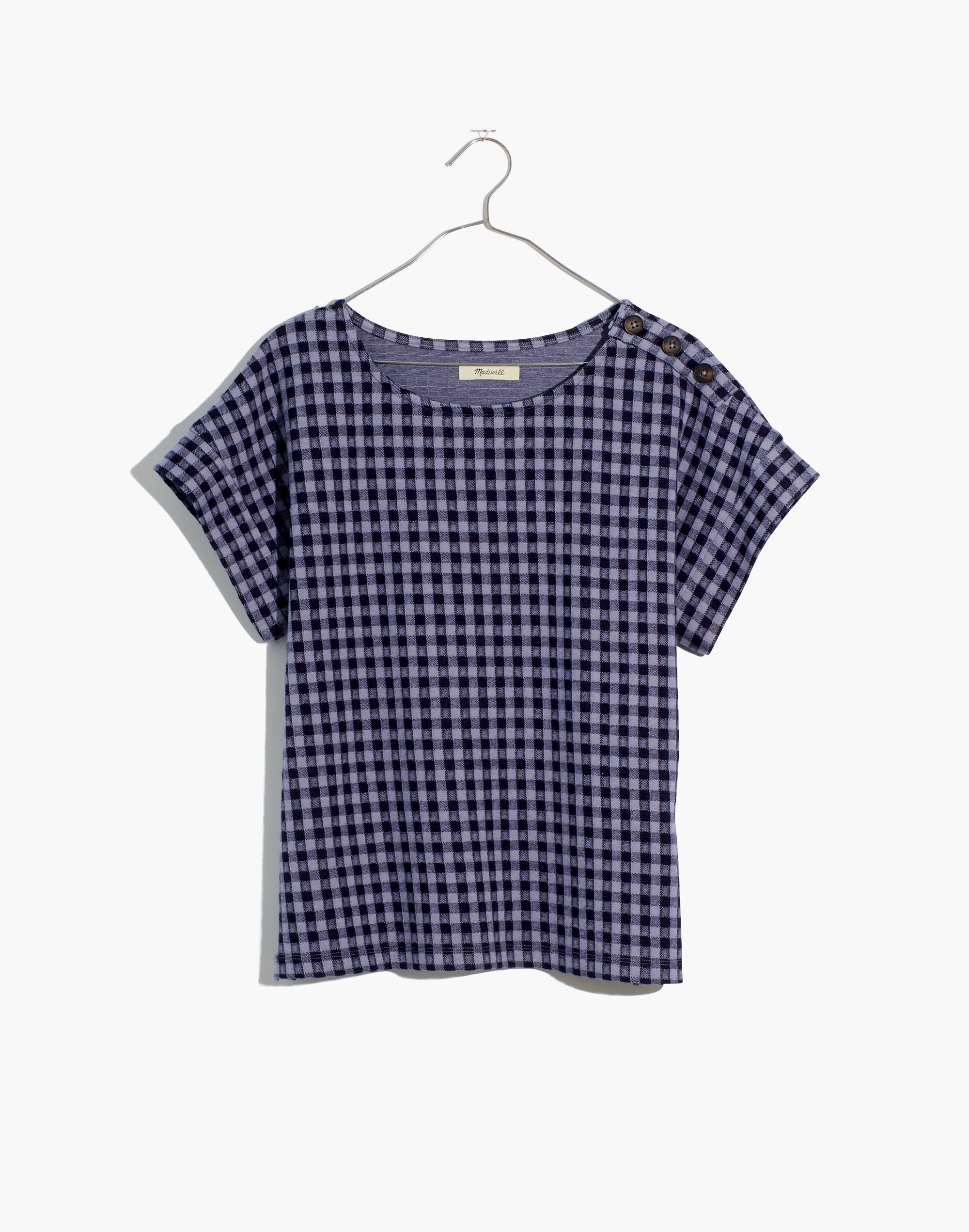 Gingham Knit Seersucker Button-Shoulder Top