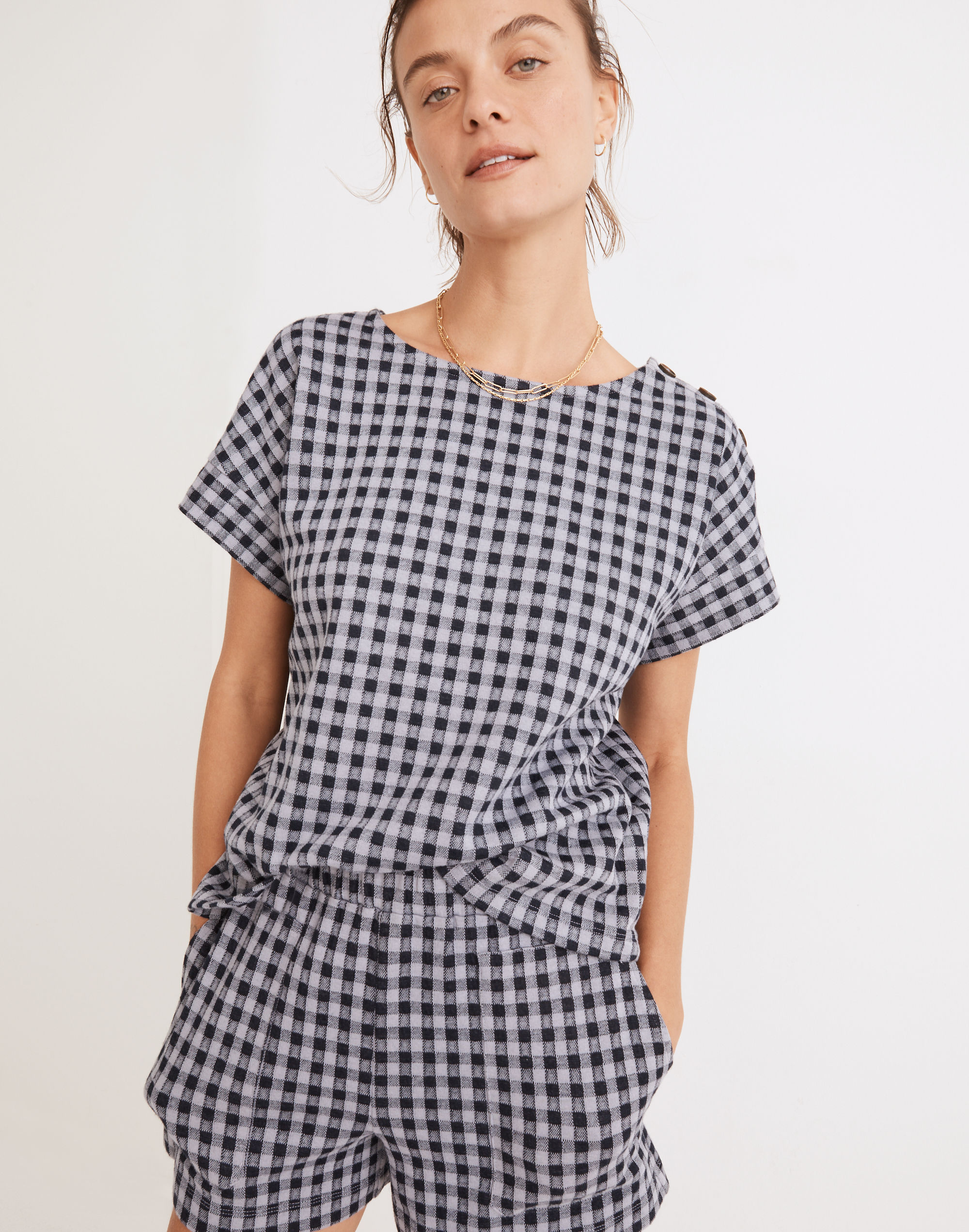 Gingham Knit Seersucker Button-Shoulder Top