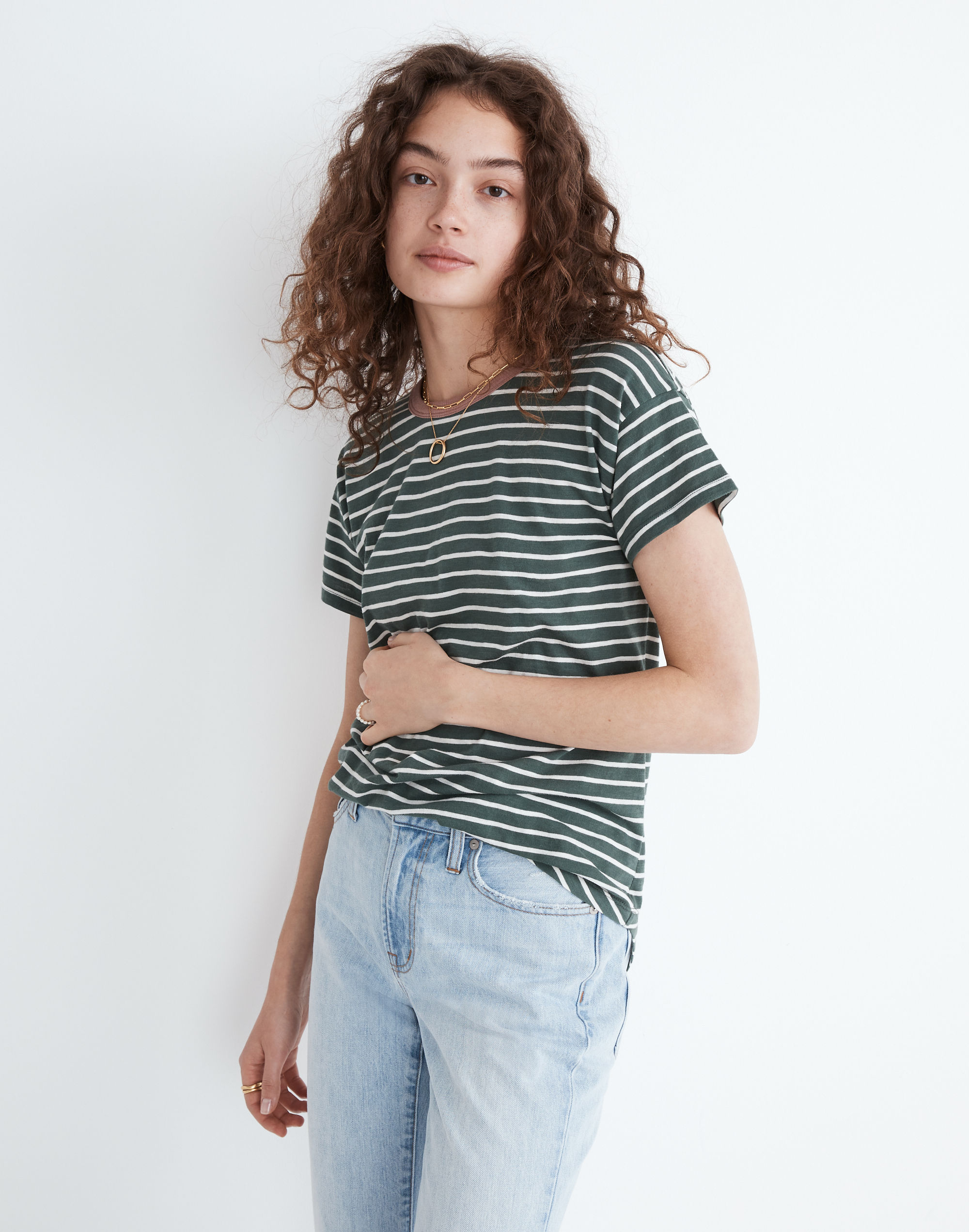 Whisper Cotton Rib-Crewneck Ringer Tee in Torson Stripe