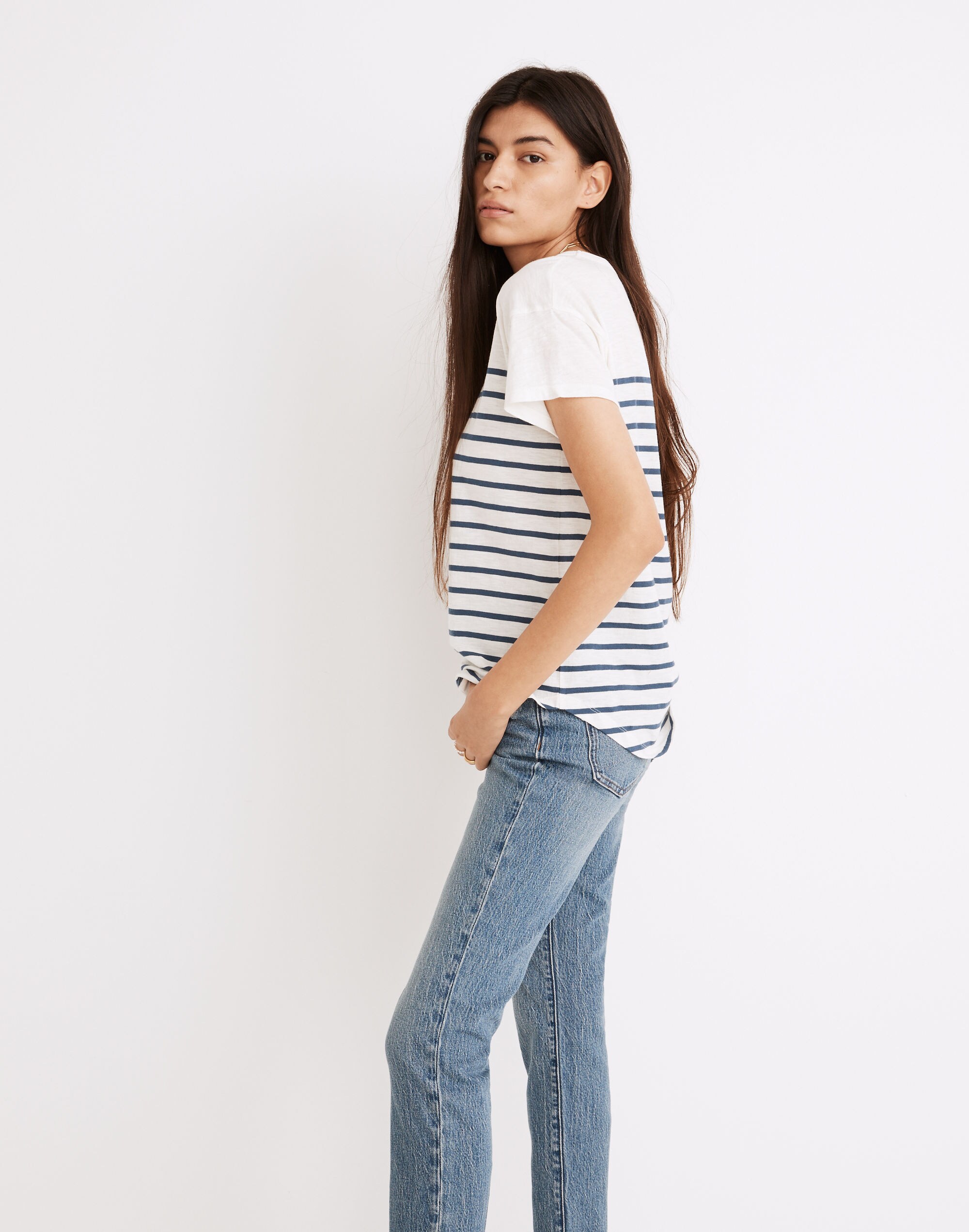 Whisper Cotton Rib-Crewneck Tee in Nautical Stripe