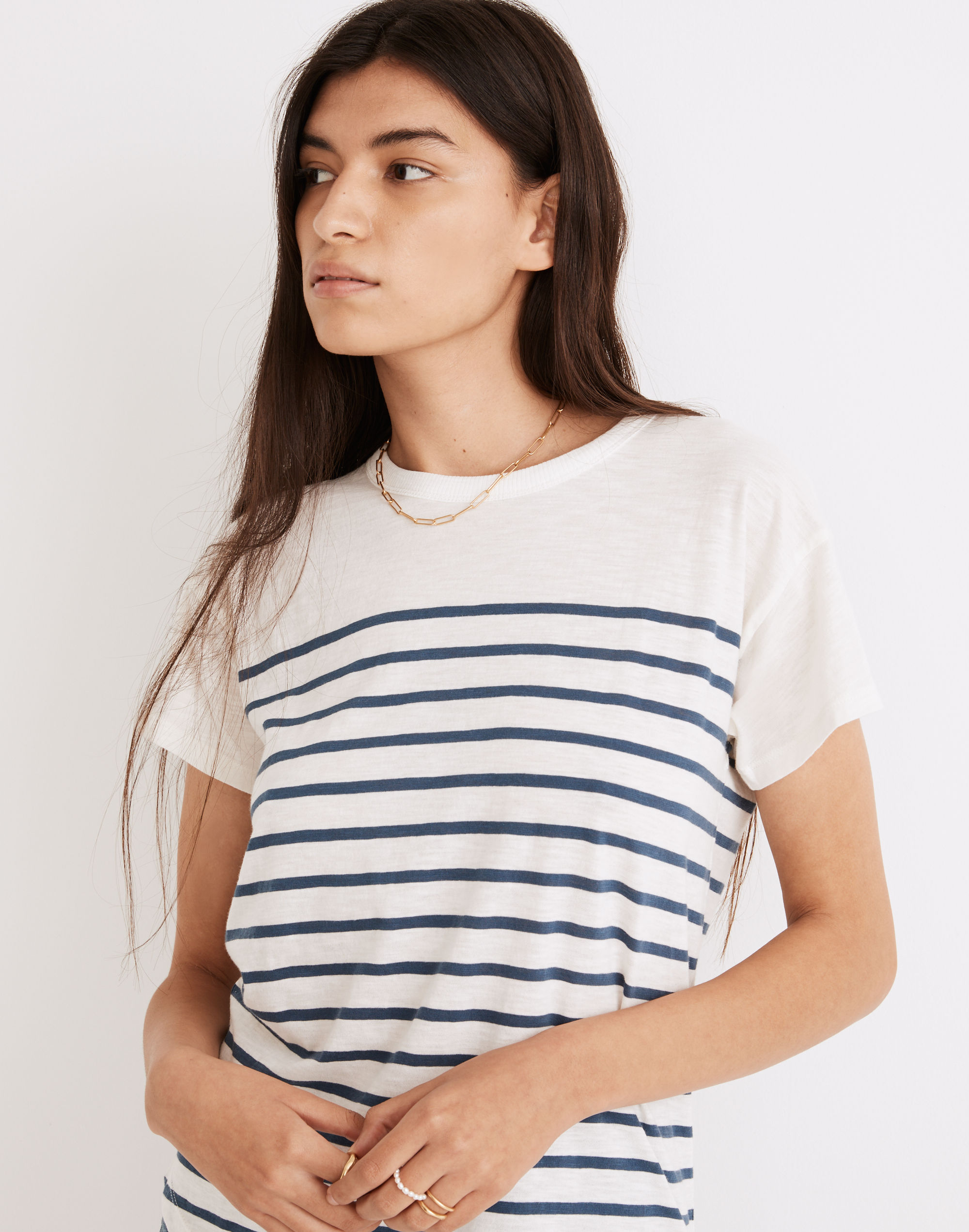 Whisper Cotton Rib-Crewneck Tee in Nautical Stripe
