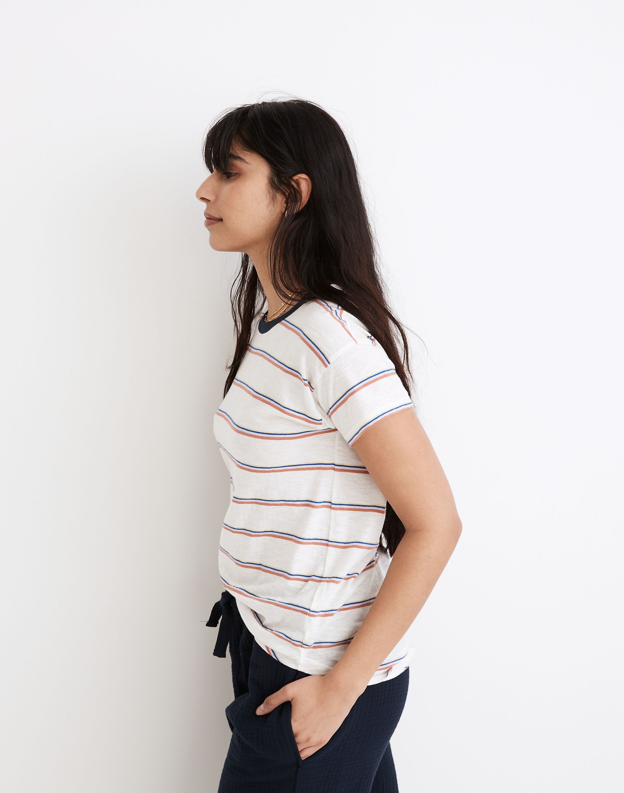 Whisper Cotton Rib-Crewneck Ringer Tee in Altair Stripe